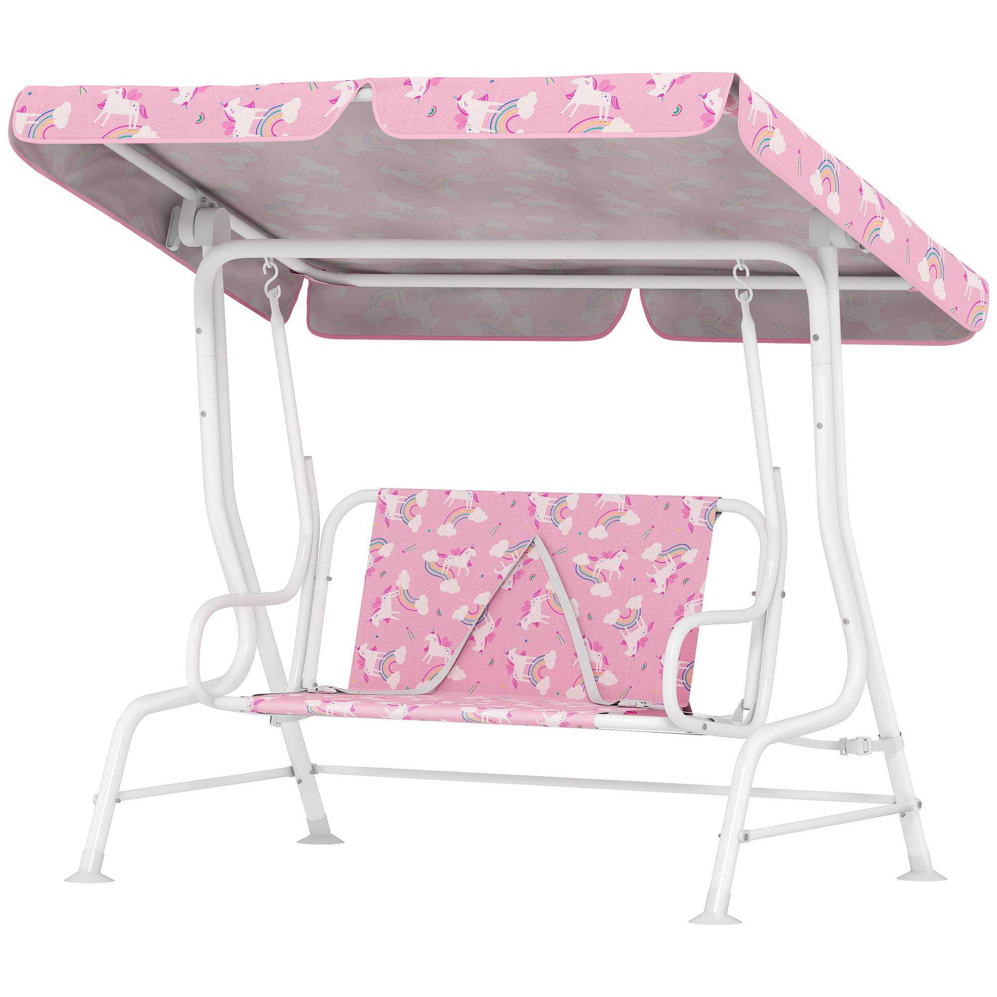 Balançoire de jardin pour enfants, 2 places, auvent réglable, ceintures de sécurité, motif licorne arc-en-ciel rose - Image 2