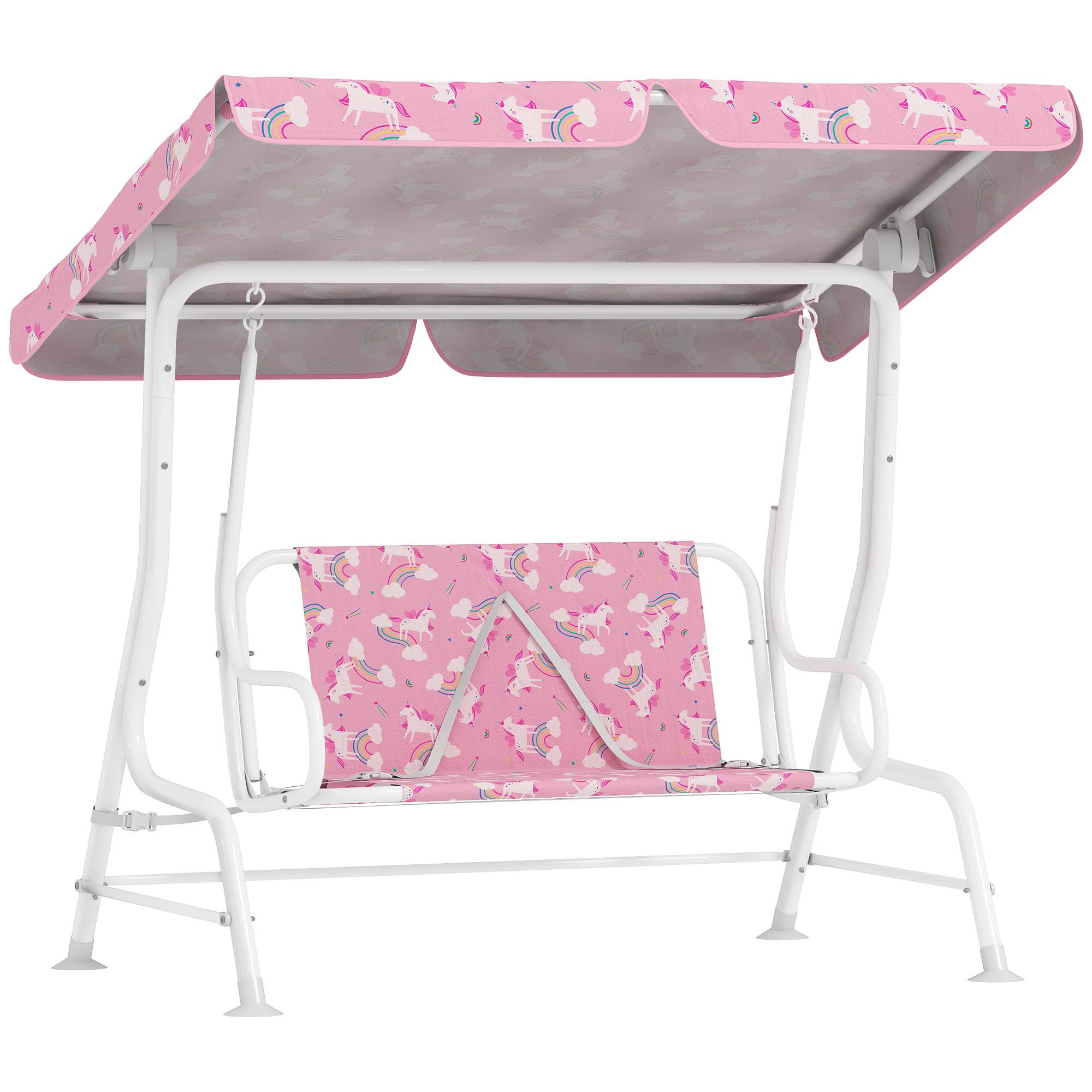 Balançoire de jardin pour enfants, 2 places, auvent réglable, ceintures de sécurité, motif licorne arc-en-ciel rose - Image 1