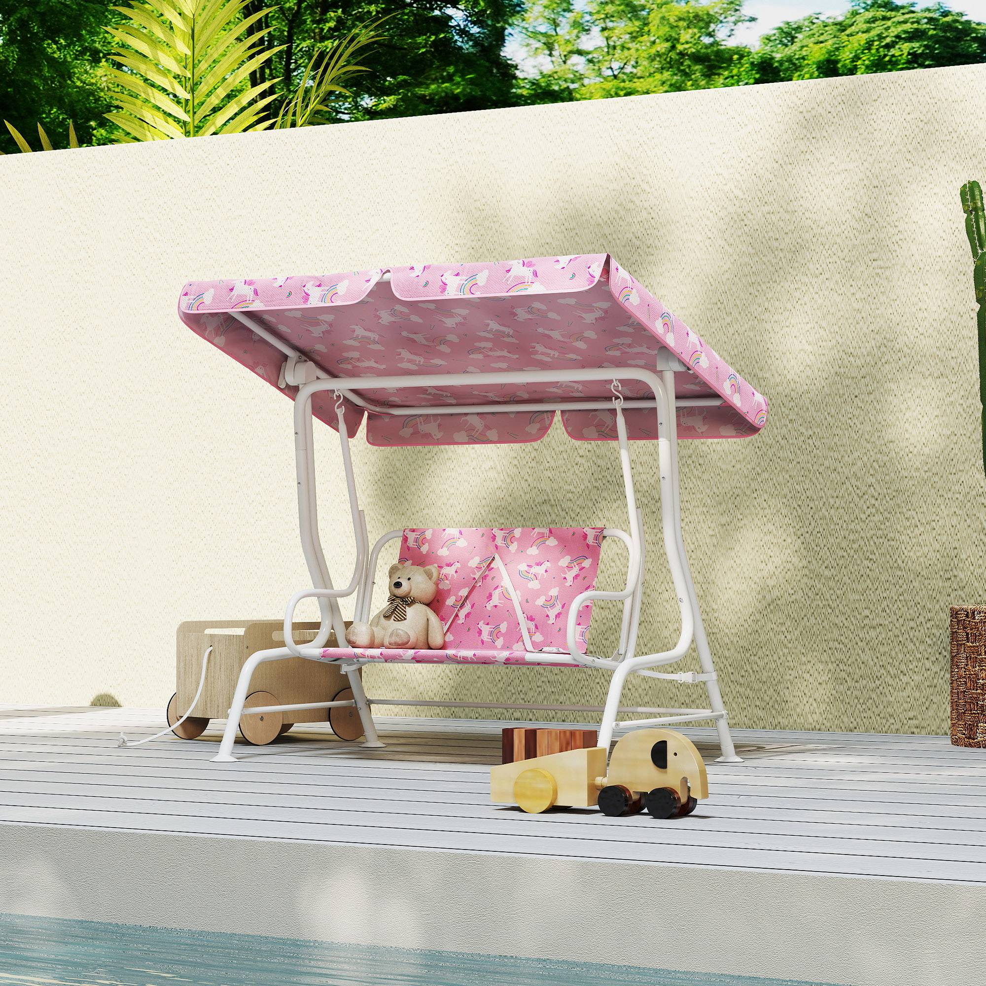 Balançoire de jardin pour enfants, 2 places, auvent réglable, ceintures de sécurité, motif licorne arc-en-ciel rose - Image 4