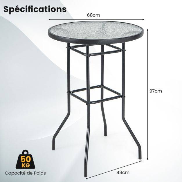 Helloshop26 - Table de bar de jardin en verre trempé 97 cm patins antidérapants cadre en métal enduit de poudre intérieur extérieur noir - Imagen 2