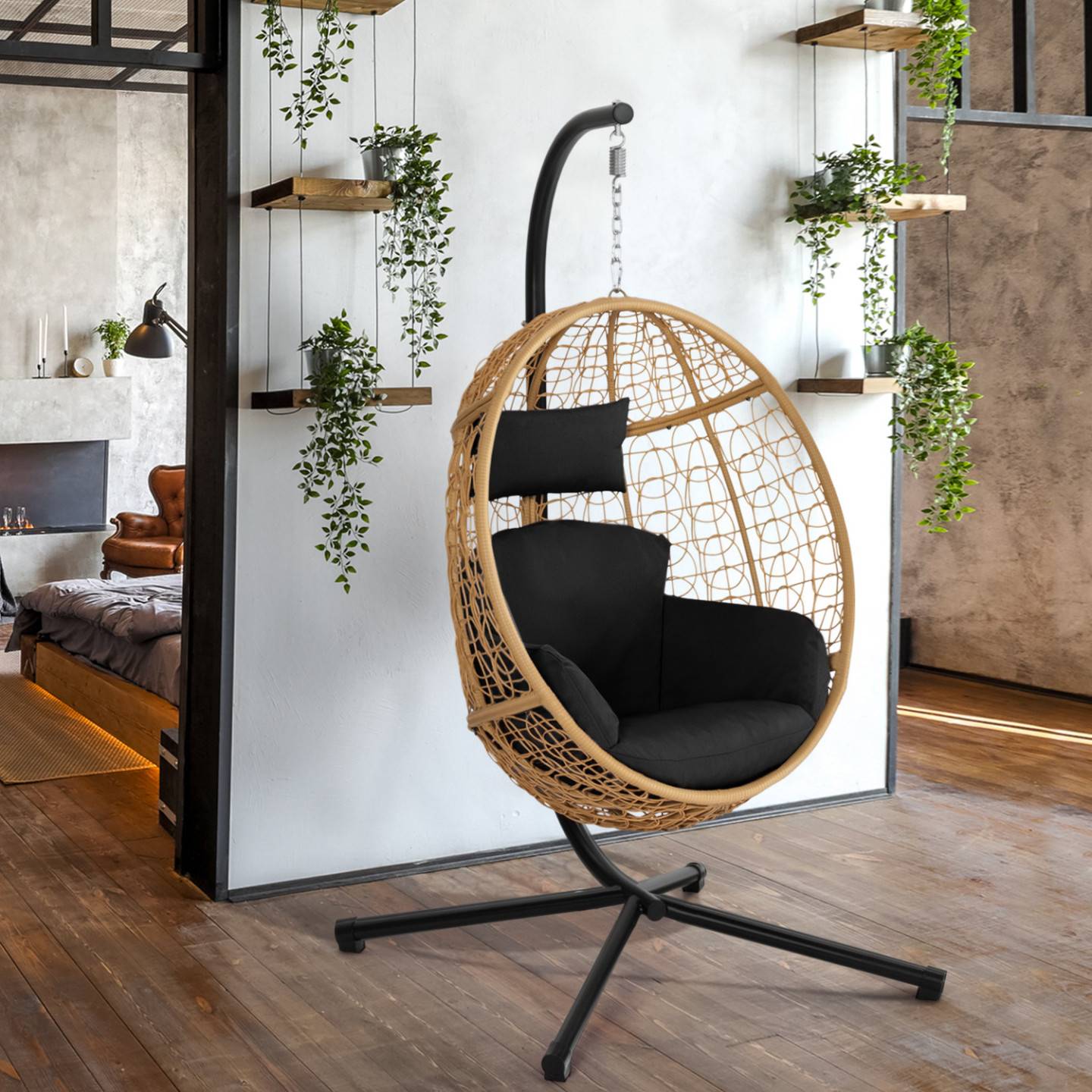 IDMARKET - Fauteuil oeuf suspendu ajouré effet rotin avec coussin noir - Image 3