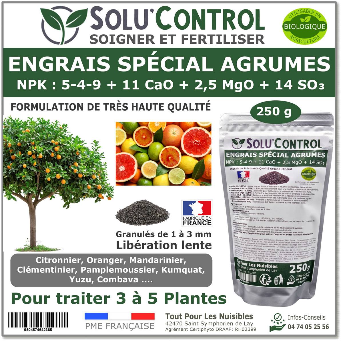 SOLU’CONTROL - Engrais Spécial Agrumes 250 g - Formulation haute qualité Organo-Minerale - Citronnier, Oranger, Mandarinier, Clémentinier...