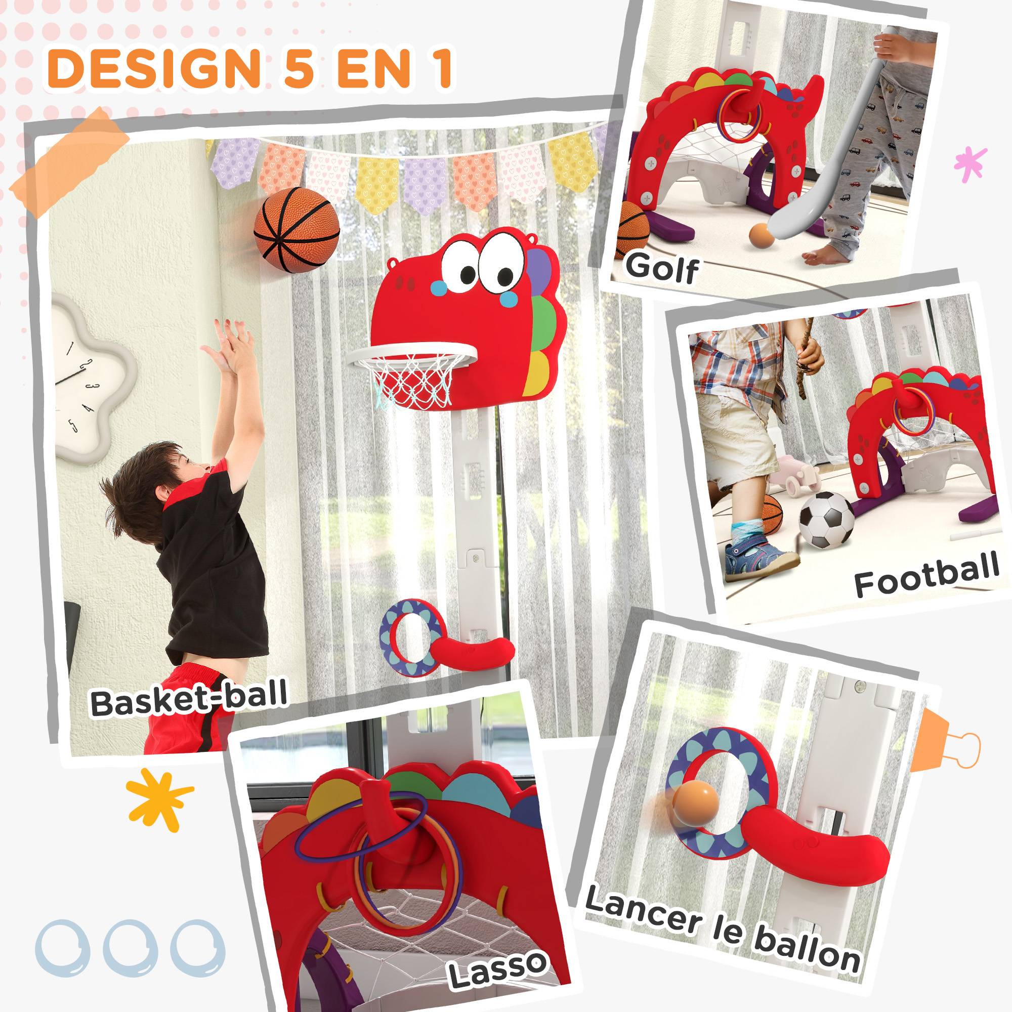 Panier de basket-ball pour enfants, hauteur réglable, 5 en 1 lancer de balles, golf, football jeu de lasso, 3-6 ans - Image 7