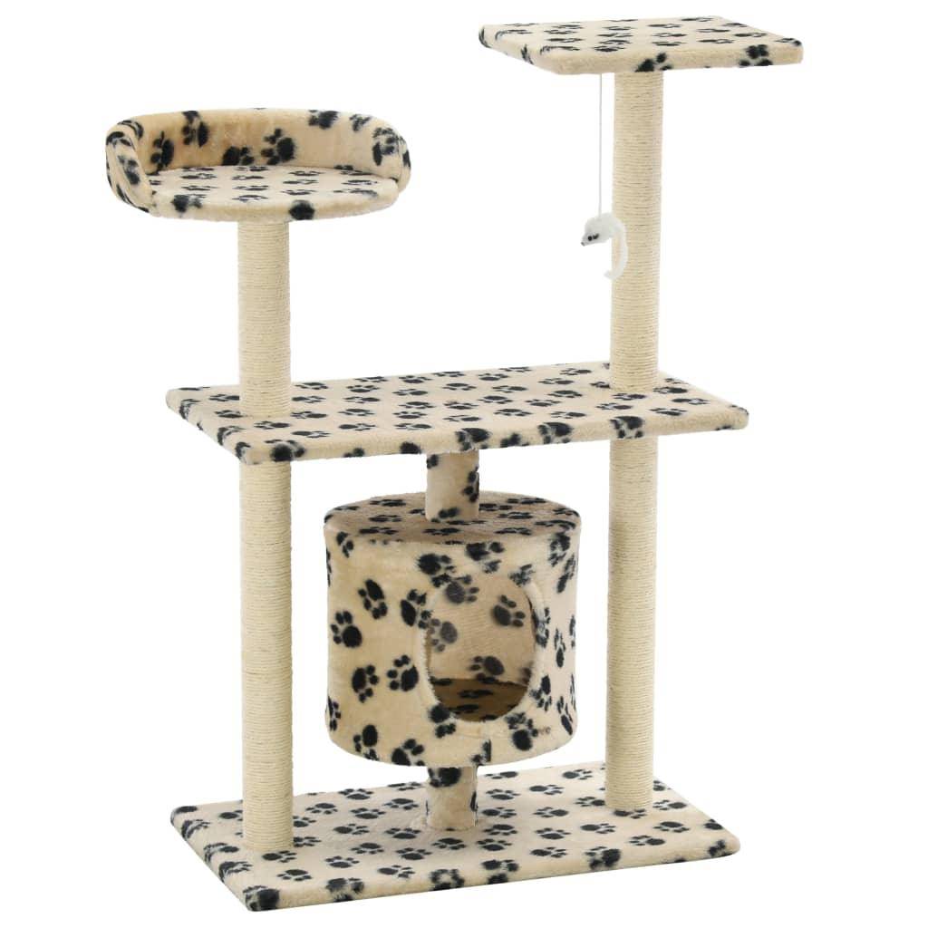 Helloshop26 - Arbre à chat griffoir grattoir niche jouet animaux peluché en sisal 95 cm beige motif de pattes - Imagen 1