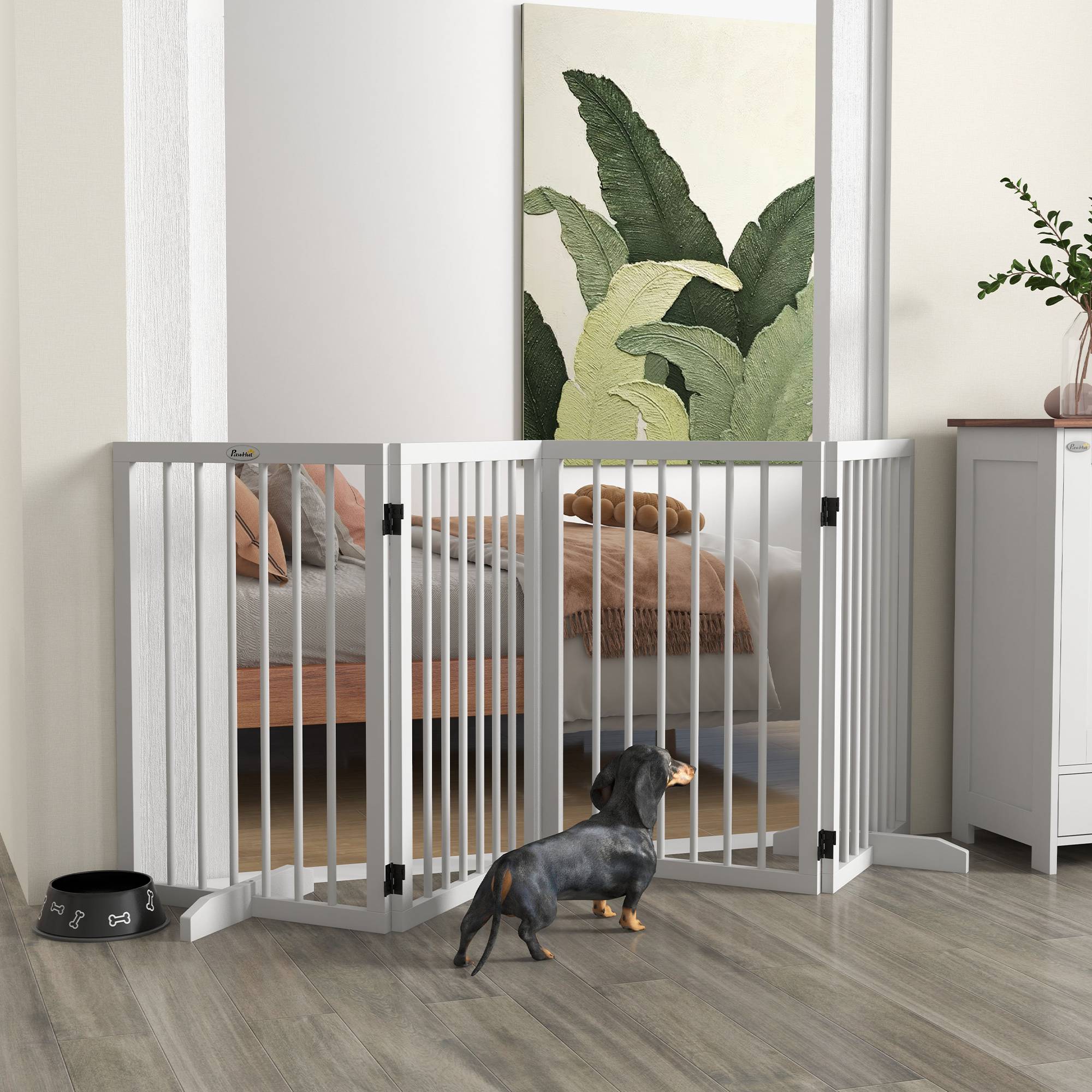Barrière pour chien, pliable, antidérapante, pieds de support, cadre bois, 206x35,5x76 cm, blanc - Image 3