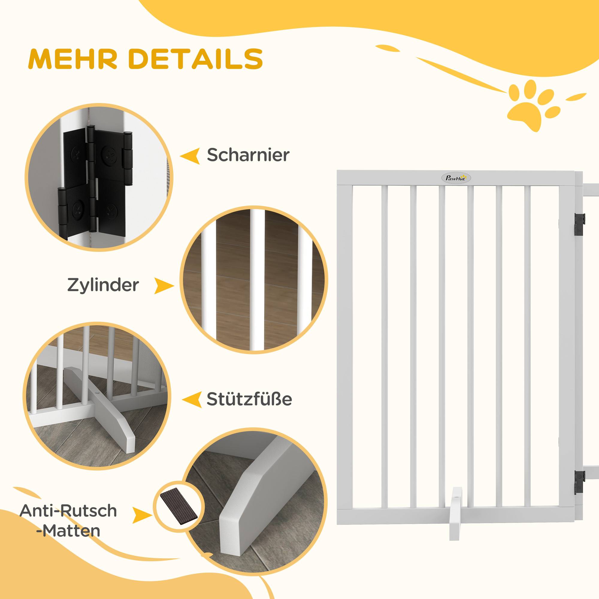 Barrière pour chien, pliable, antidérapante, pieds de support, cadre bois, 206x35,5x76 cm, blanc - Image 9
