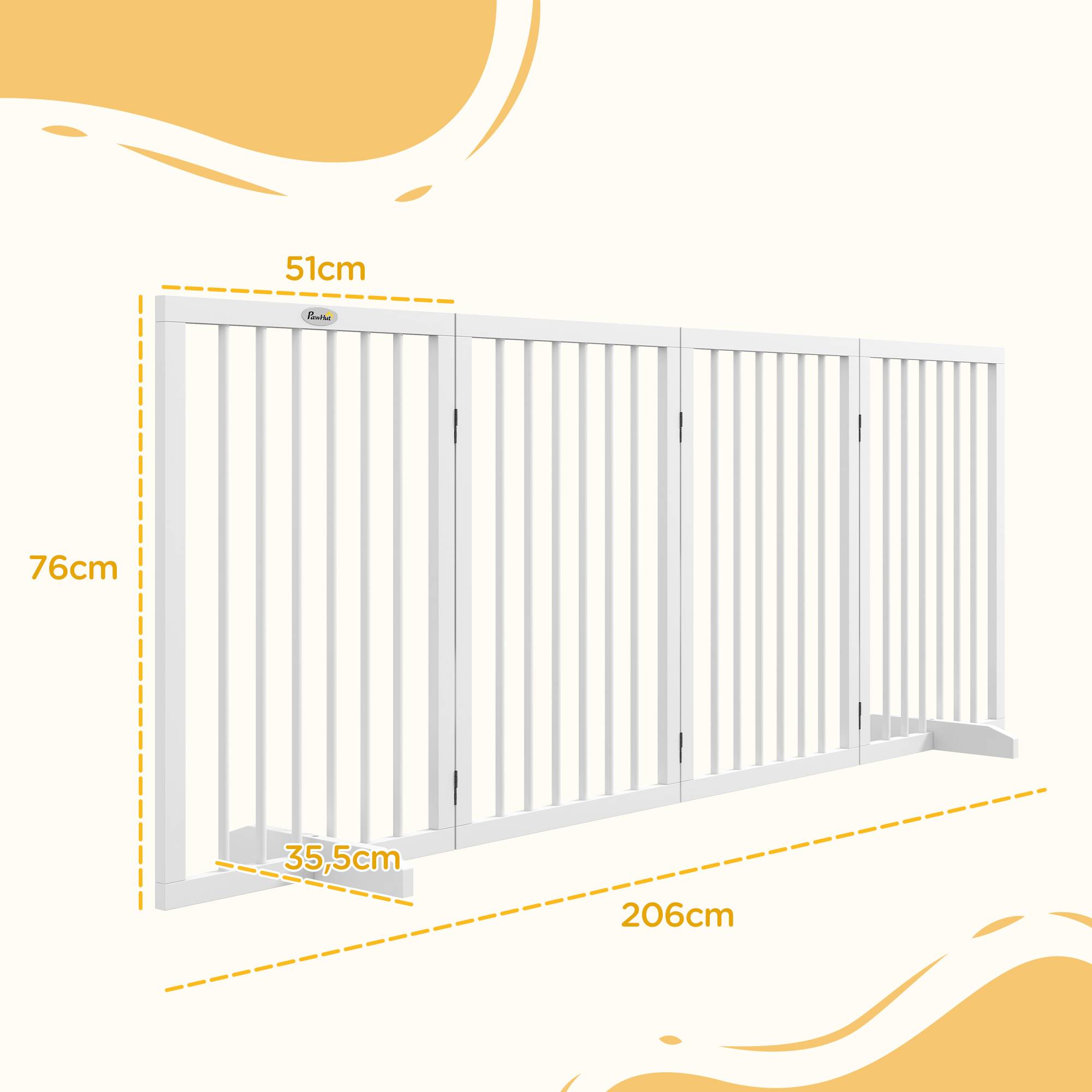 Barrière pour chien, pliable, antidérapante, pieds de support, cadre bois, 206x35,5x76 cm, blanc - Image 5