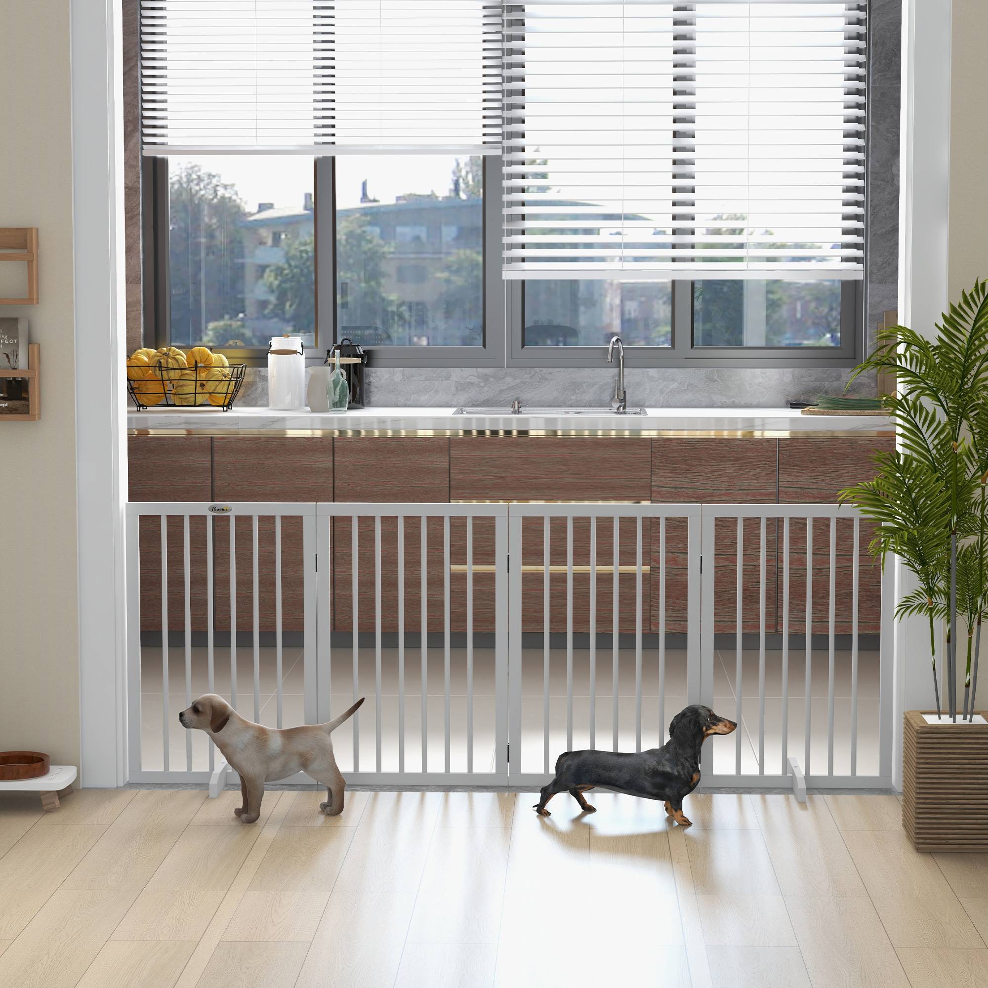 Barrière pour chien, pliable, antidérapante, pieds de support, cadre bois, 206x35,5x76 cm, blanc - Image 4