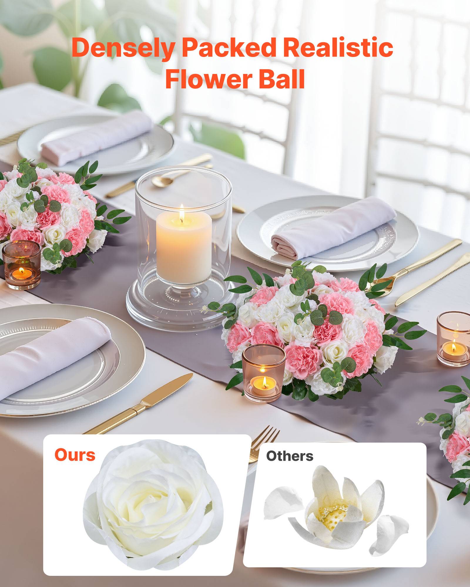 VEVOR Boule Fleur Artificielle Mariage 10 PCS Diamètre Max 45 cm Rose Rose Blanc - Image 2