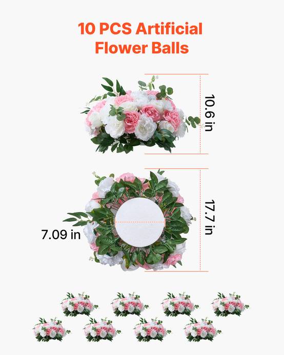 VEVOR Boule Fleur Artificielle Mariage 10 PCS Diamètre Max 45 cm Rose Rose Blanc - Image 3