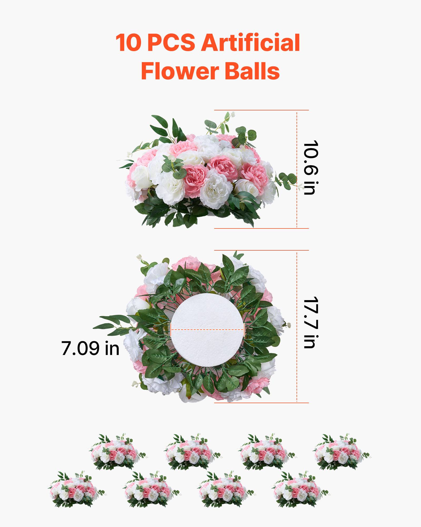 VEVOR Boule Fleur Artificielle Mariage 10 PCS Diamètre Max 45 cm Rose Rose Blanc - Image 3