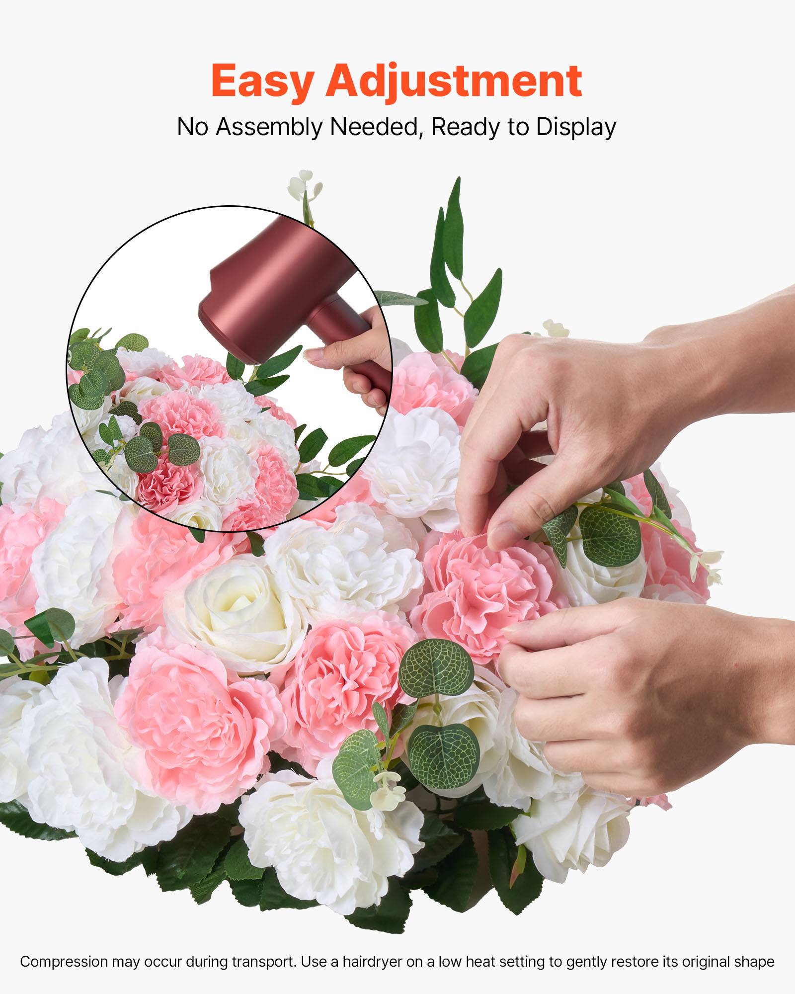 VEVOR Boule Fleur Artificielle Mariage 10 PCS Diamètre Max 45 cm Rose Rose Blanc - Image 5