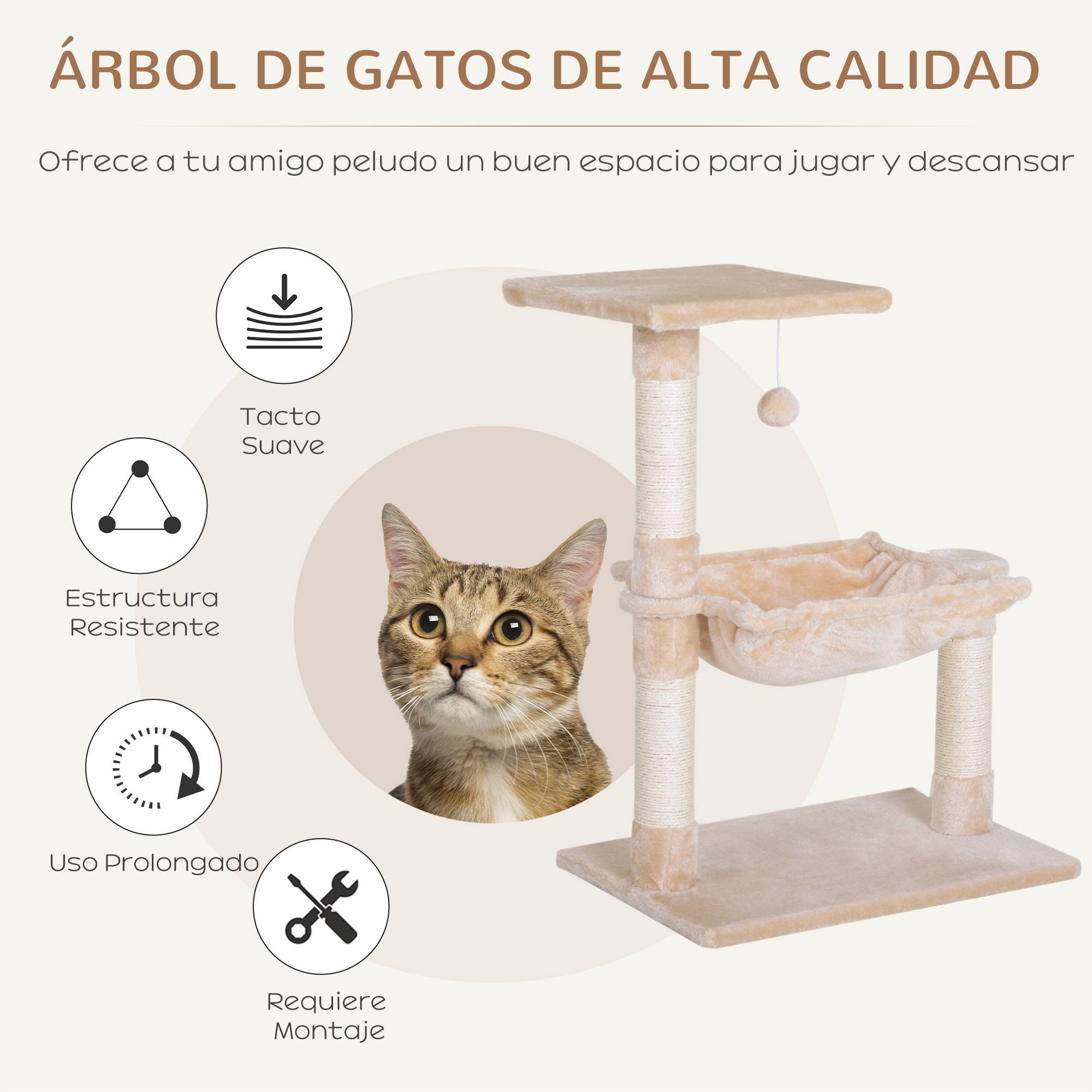 Arbre à chat avec griffoir, plateforme et hamac, poteaux en sisal, 50 x 36 x 70 cm, beige - Image 6