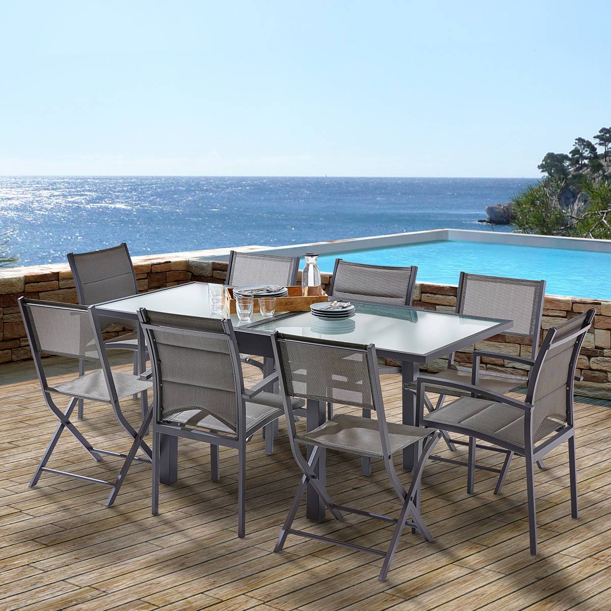 Wilsa Garden - Table Modulo 4/8 personnes structure grise en aluminium, plateau en verre semi-transparent - Imagen 5