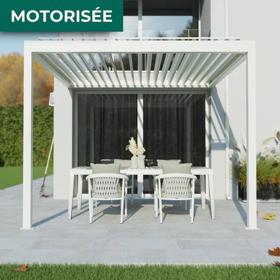 Pergola Bioclimatique Adossée Motorisée Éclairée Aluminium 3x3 Blanc SV ORIAL France - Image 1
