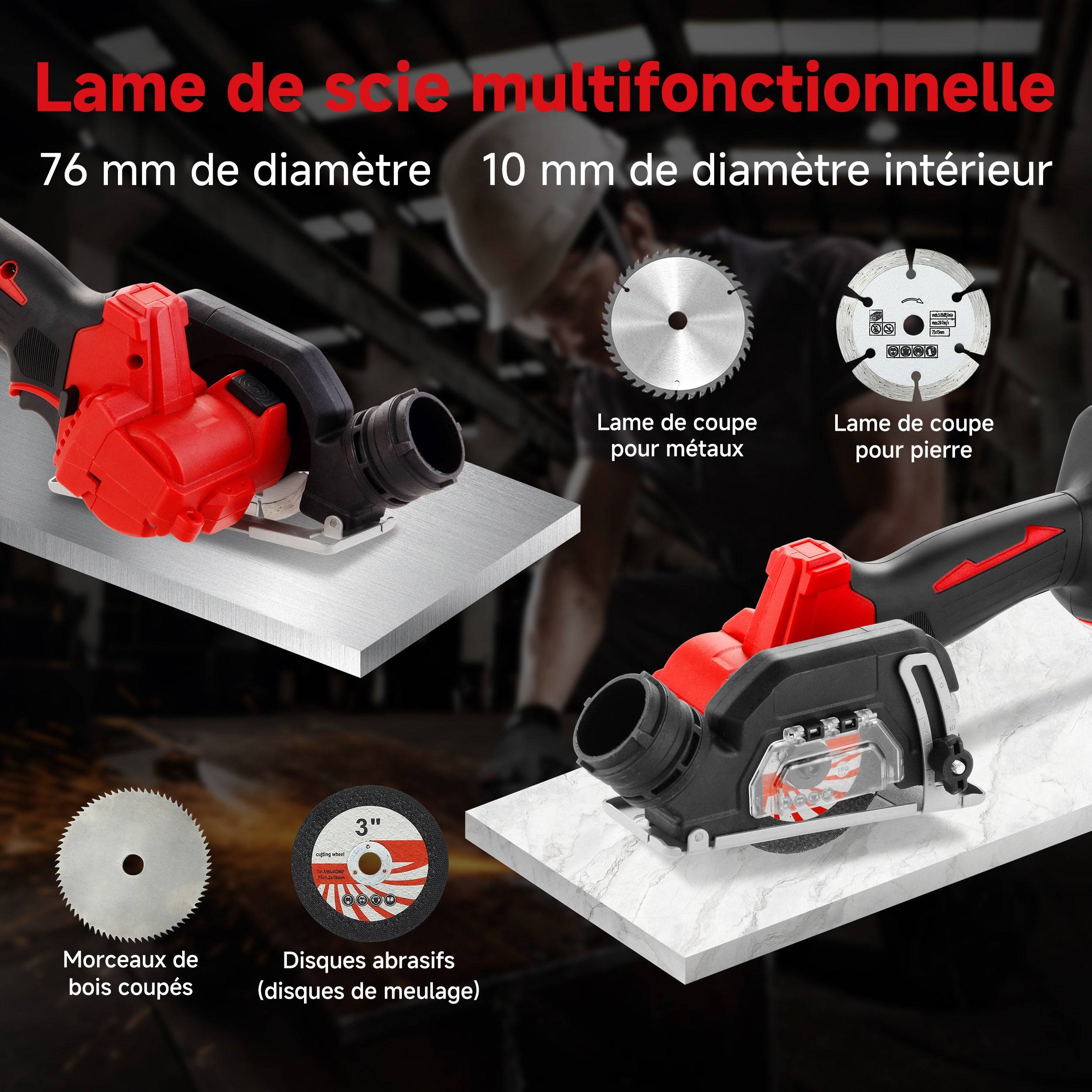 Teeno - Scie circulaire sans fil 76 mm 20000 tr/min, 2 batteries 4000 mAh + 4 lames multi-matériaux - Image 6