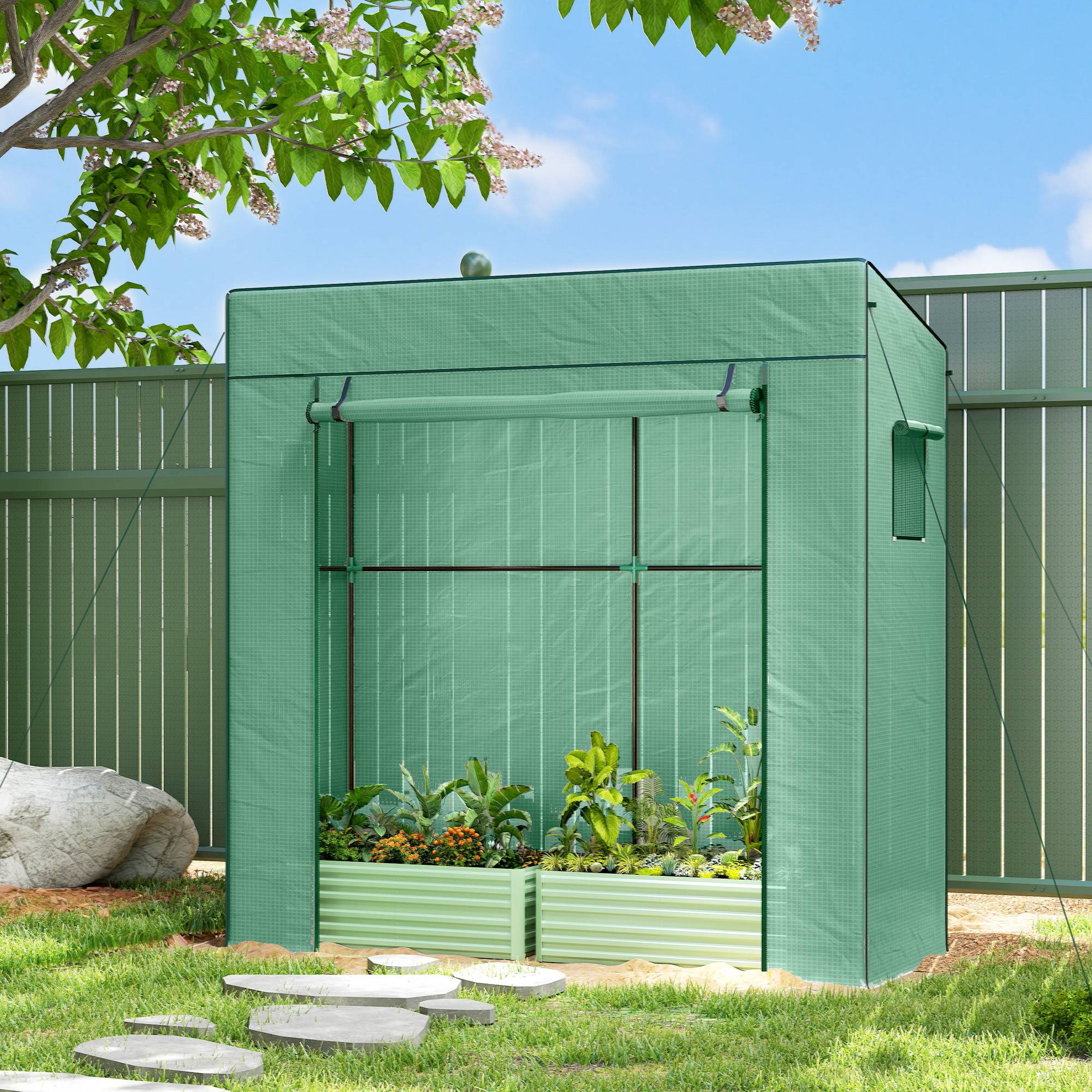 Serre verte pour tomates 196 x 77 x 197 cm, tunnel avec porte sectionnelle, fenêtre grillagée, toit incliné - Image 3