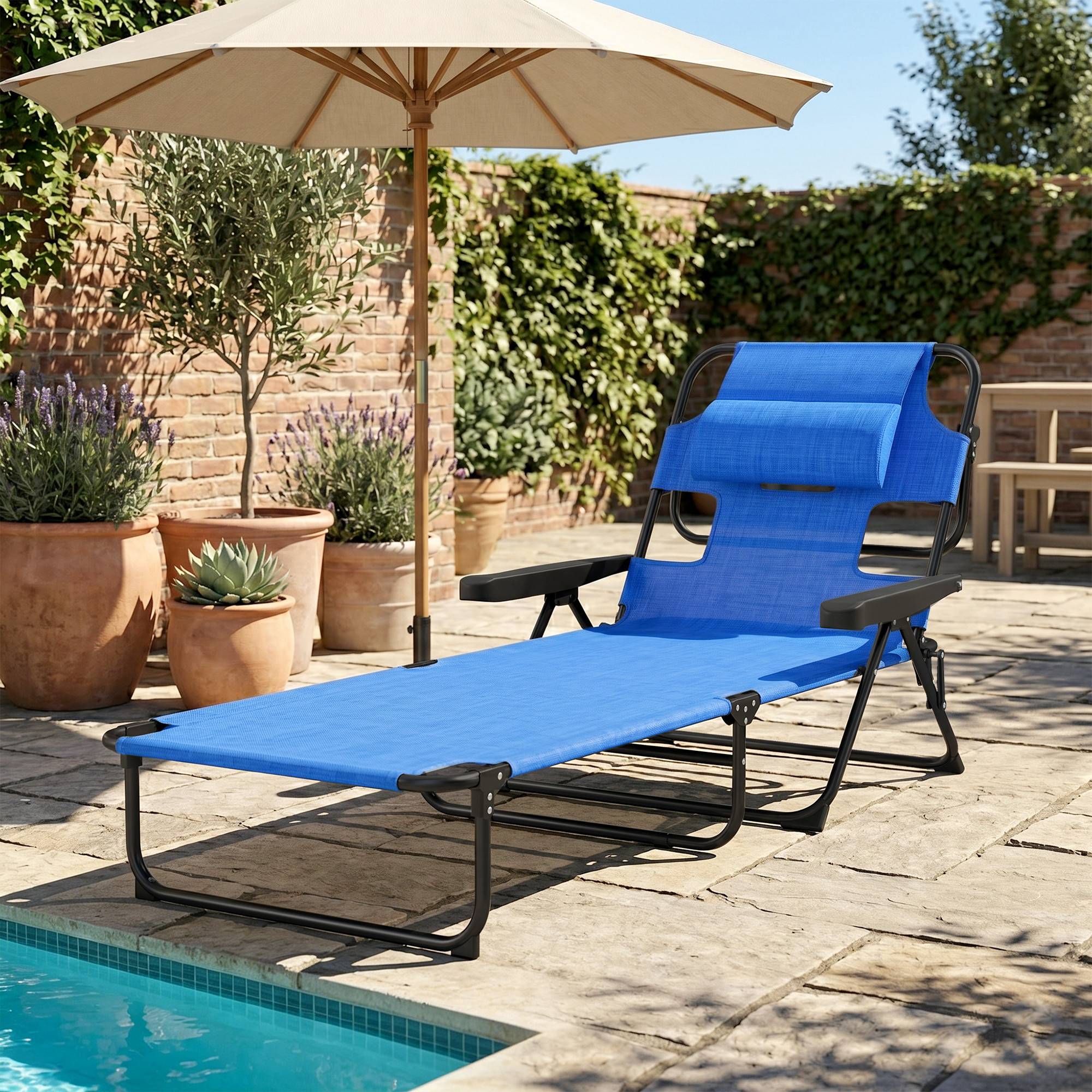 Bain de soleil de jardin acier pour extérieur pliant lit de camp avec trou facial bleu - ComfortXL Outdoor Living - Image 3