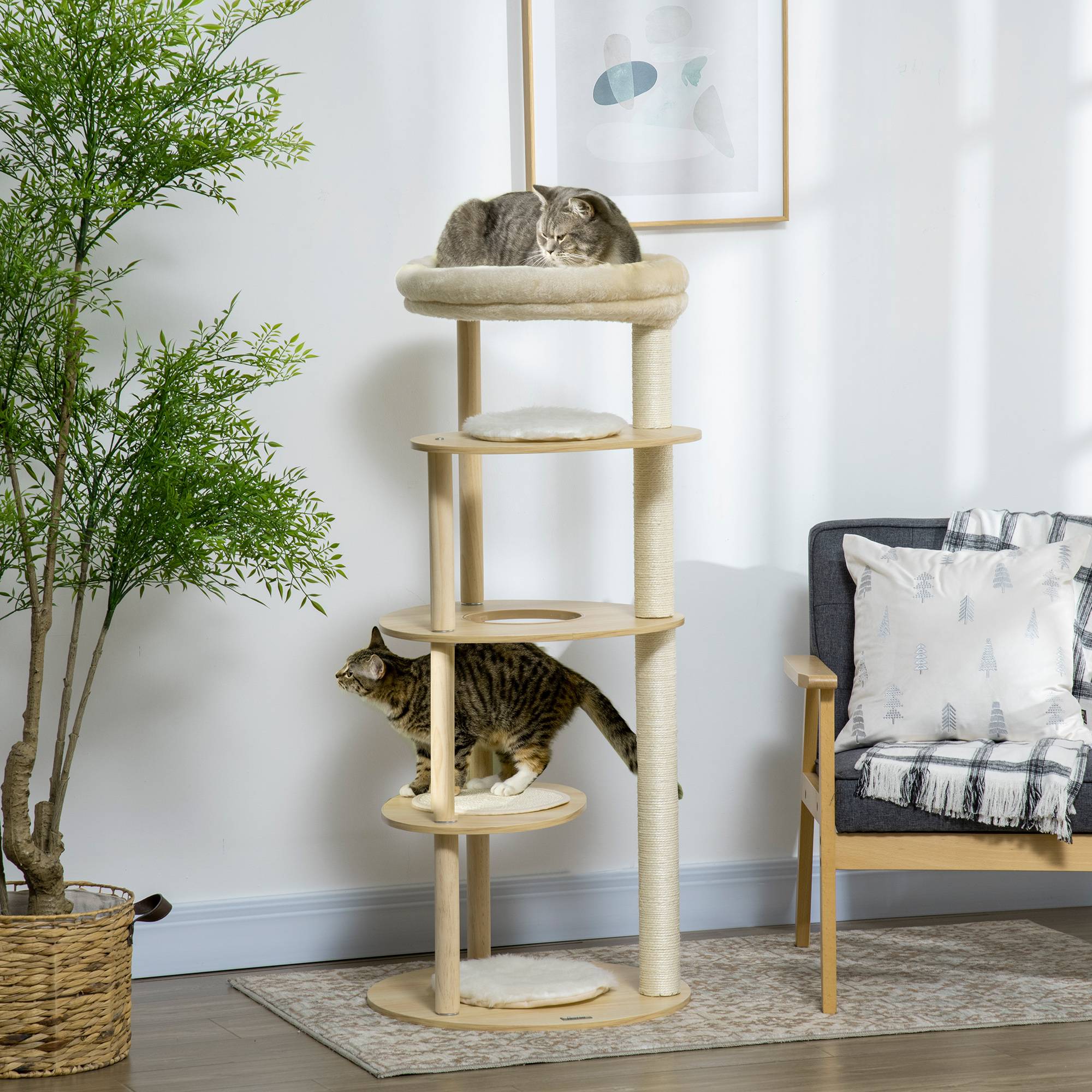 Pawhut - Arbre à chat style nordique griffoir sisal naturel 4 plateformes coussins panier d'observation amovible bois pin panneaux bois clair - Imagen 2