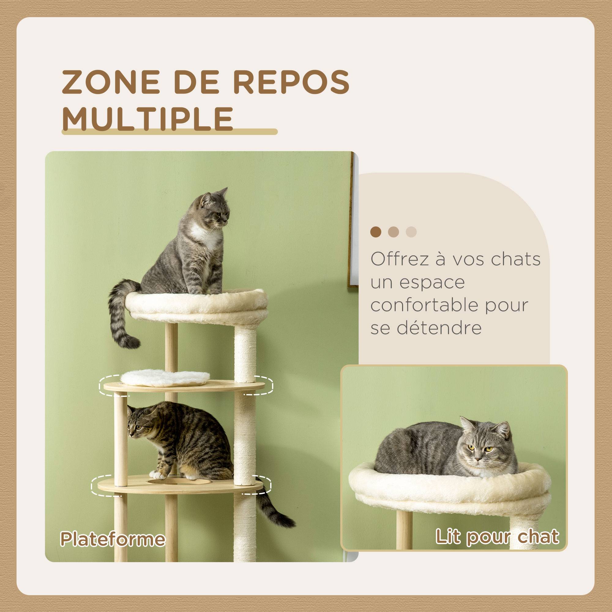 Pawhut - Arbre à chat style nordique griffoir sisal naturel 4 plateformes coussins panier d'observation amovible bois pin panneaux bois clair - Imagen 5