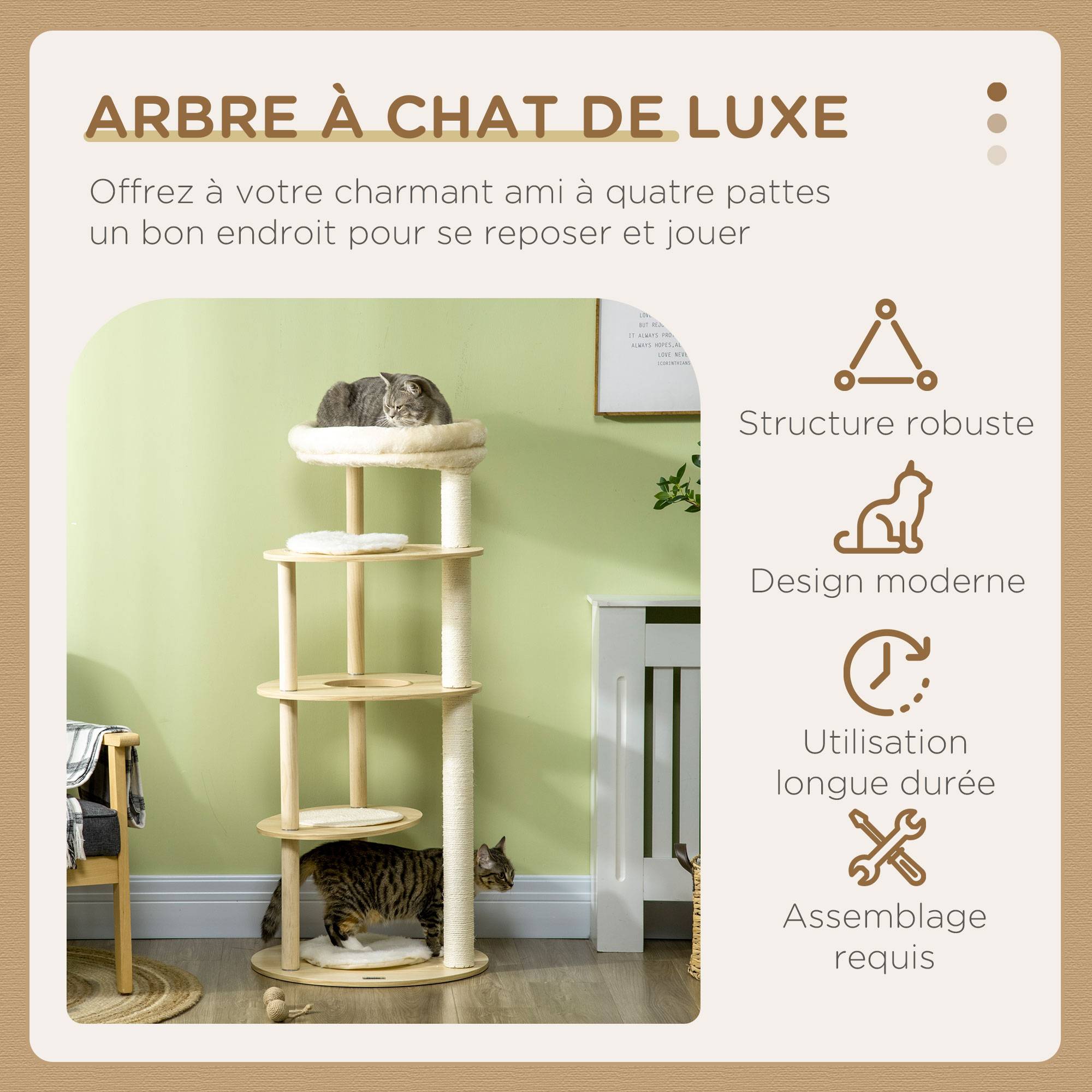 Pawhut - Arbre à chat style nordique griffoir sisal naturel 4 plateformes coussins panier d'observation amovible bois pin panneaux bois clair - Imagen 4
