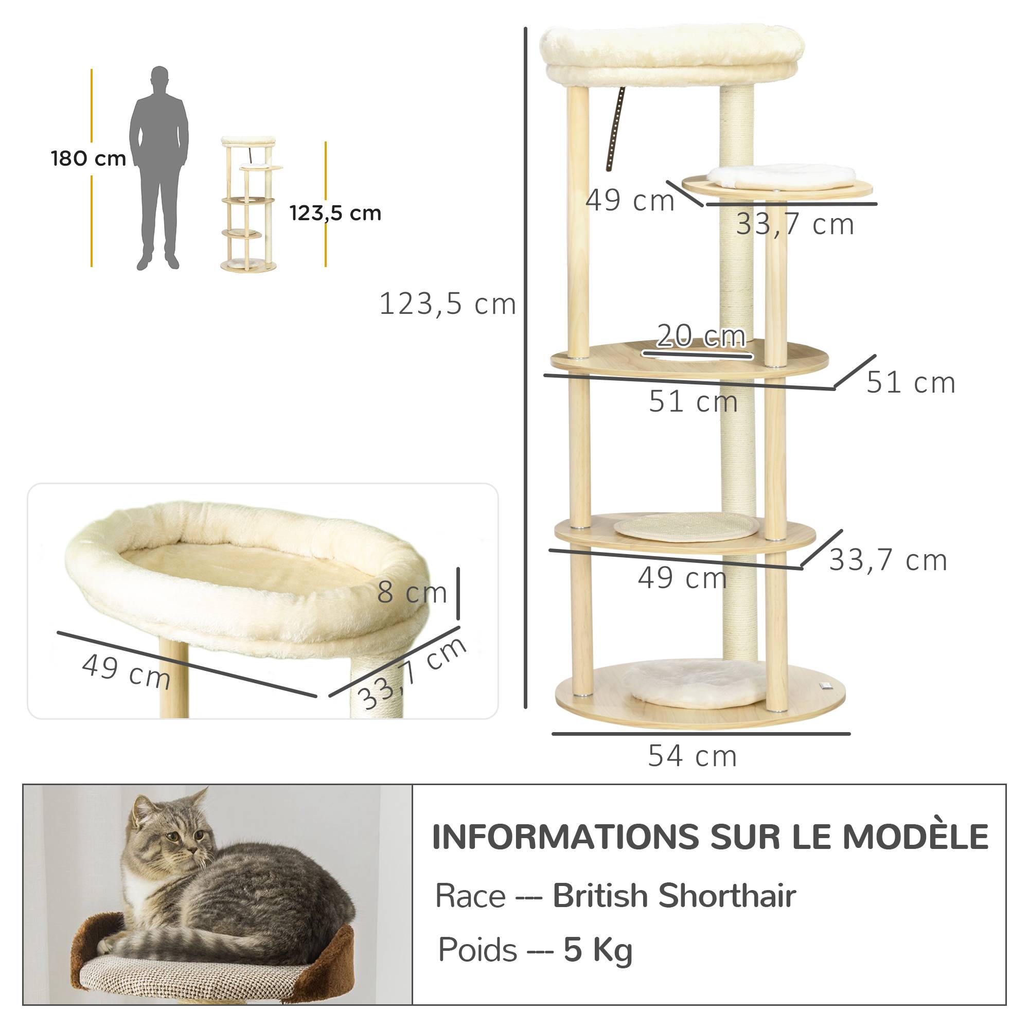 Pawhut - Arbre à chat style nordique griffoir sisal naturel 4 plateformes coussins panier d'observation amovible bois pin panneaux bois clair - Imagen 3