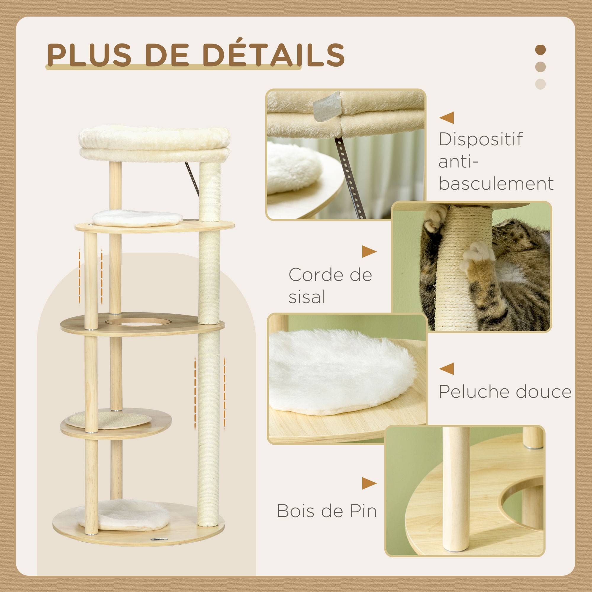 Pawhut - Arbre à chat style nordique griffoir sisal naturel 4 plateformes coussins panier d'observation amovible bois pin panneaux bois clair - Imagen 6