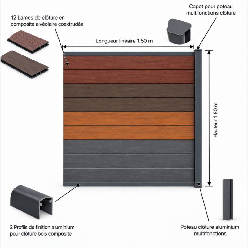 Kit complet extension clôture en composite coextrudé 1,50 L x 1,80 H (4 coloris) - Coloris - Chêne foncé, Hauteur - 180 cm, Longueur - 150 cm - Image 4