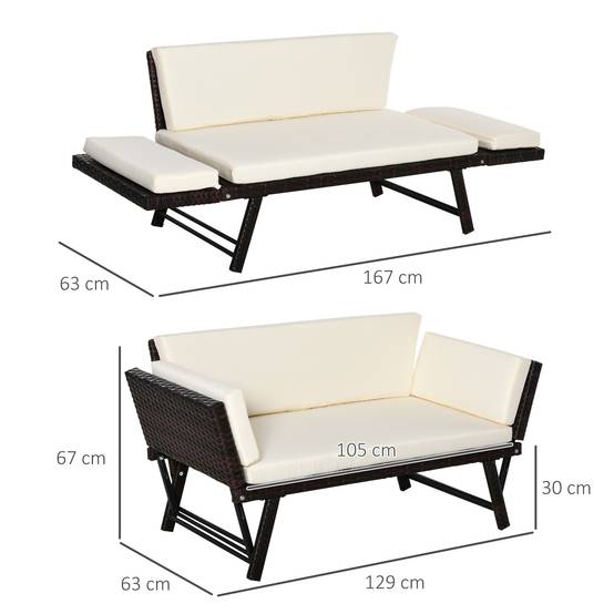 Canapé de jardin 2 places résine tressée terrasse balcon accoudoirs rabattables marron 129cm - ComfortXL Outdoor Living - Image 3
