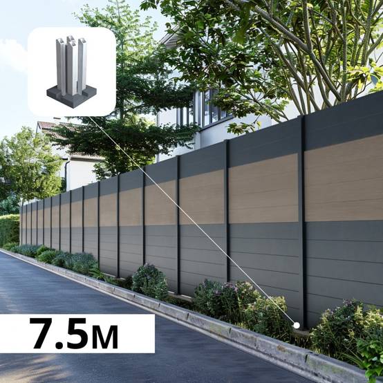 Kit Clôture Aluminium BAHIA & CRUZ Argent 7,38x1,8m - Bois Composite & Aluminium - Poteaux Gris - Brise Vue - Palissade - Image 1