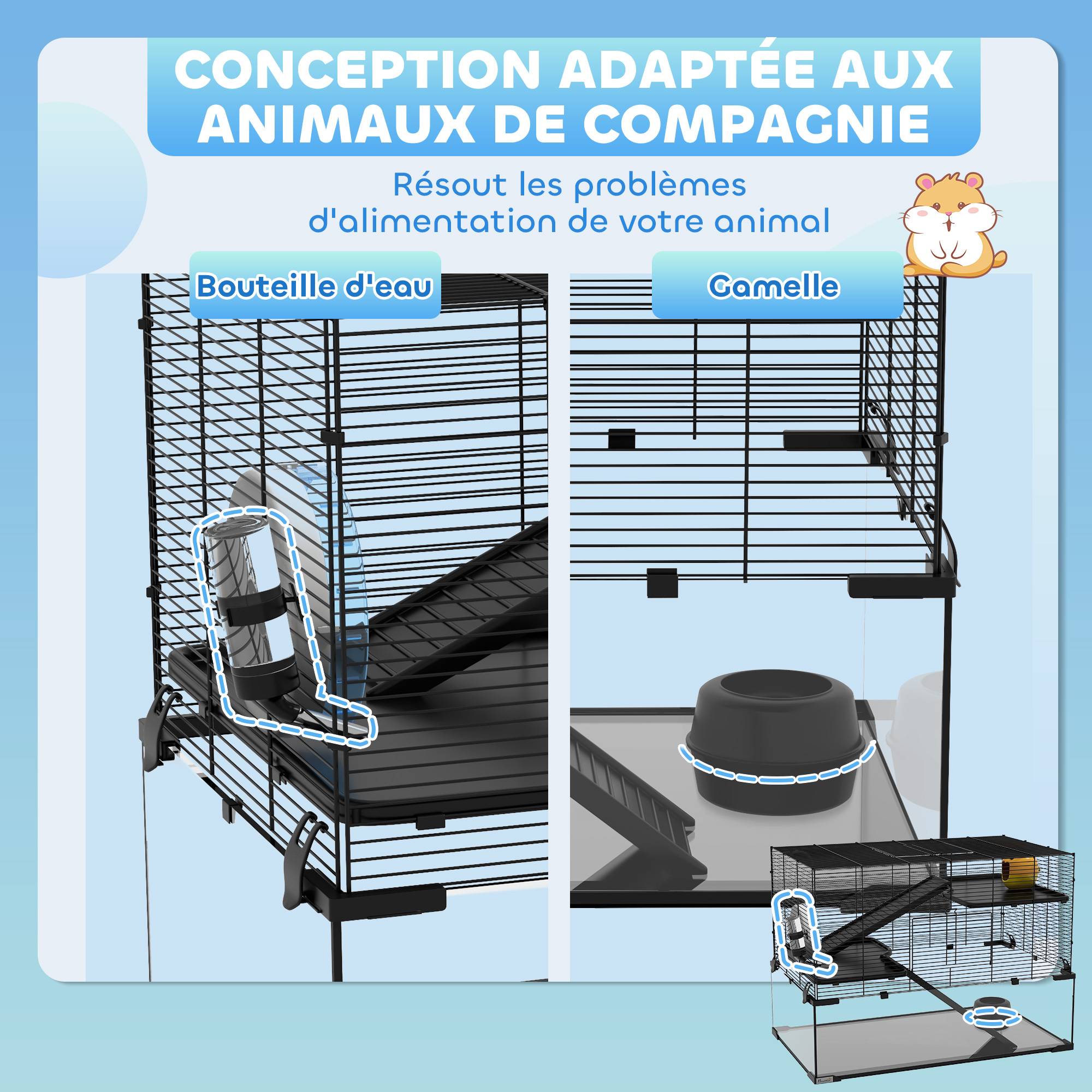 Cage hamster fil acier rongeurs 3 niveaux roue exercice 76x54cm noir - ComfortXL Outdoor Living - Image 7
