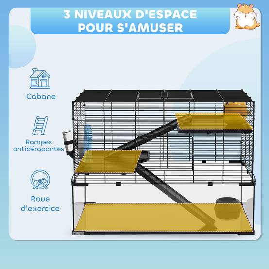 Cage hamster fil acier rongeurs 3 niveaux roue exercice 76x54cm noir - ComfortXL Outdoor Living - Image 6