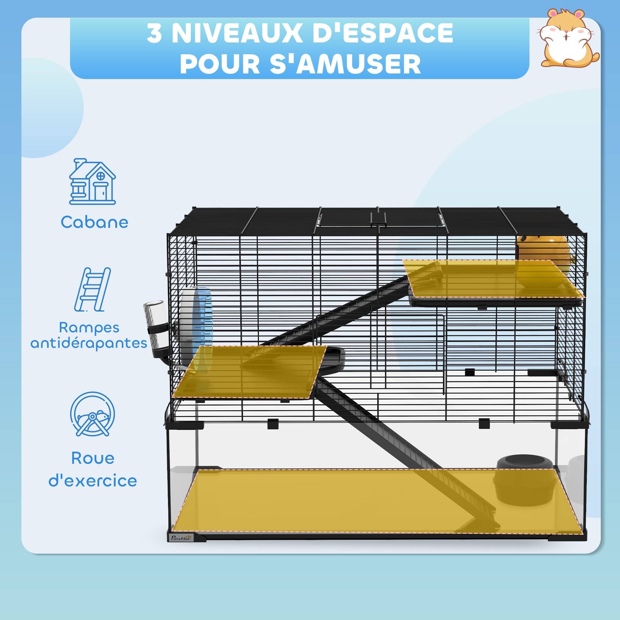 Cage hamster fil acier rongeurs 3 niveaux roue exercice 76x54cm noir - ComfortXL Outdoor Living - Image 6