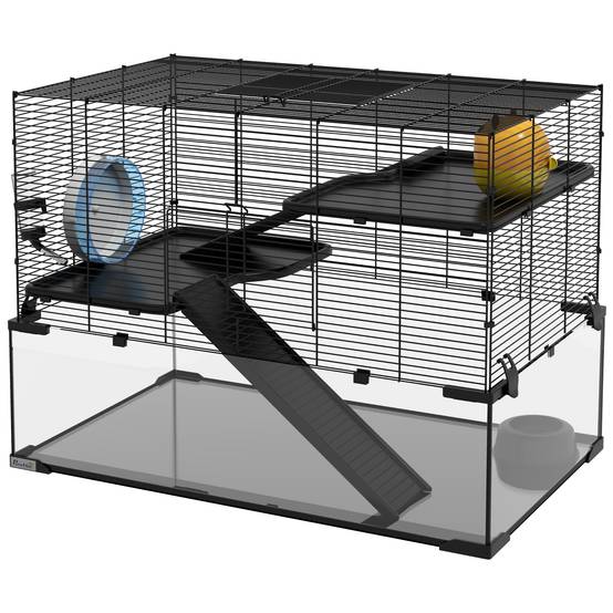 Cage hamster fil acier rongeurs 3 niveaux roue exercice 76x54cm noir - ComfortXL Outdoor Living - Image 2