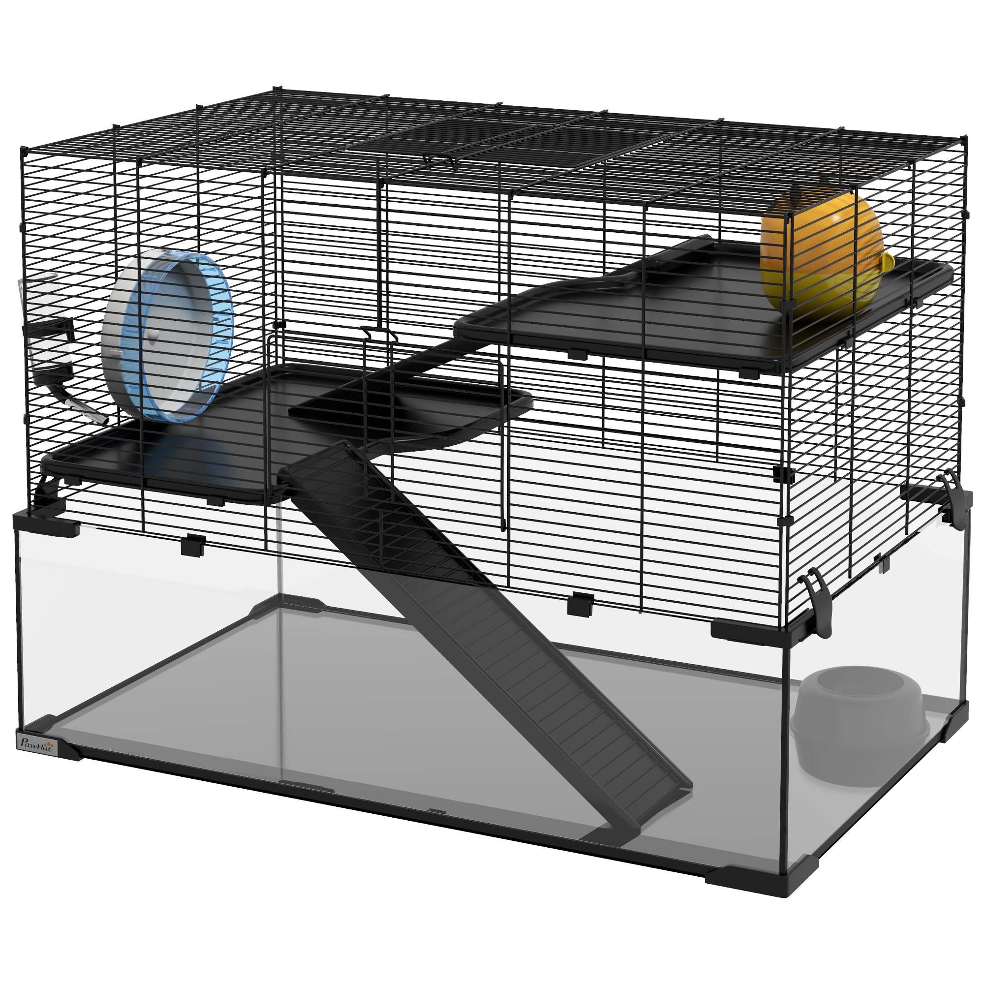Cage hamster fil acier rongeurs 3 niveaux roue exercice 76x54cm noir - ComfortXL Outdoor Living - Image 2