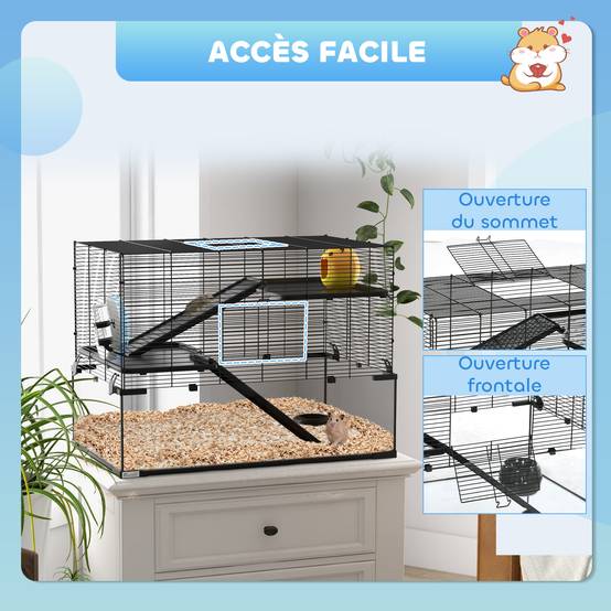 Cage hamster fil acier rongeurs 3 niveaux roue exercice 76x54cm noir - ComfortXL Outdoor Living - Image 9