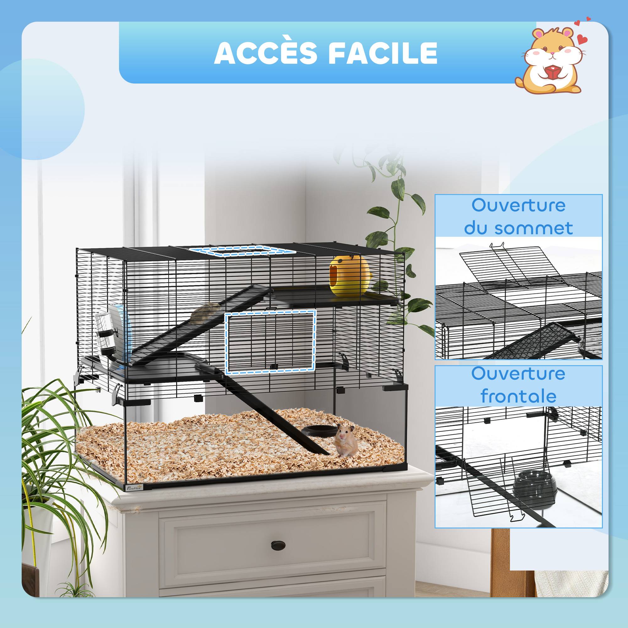 Cage hamster fil acier rongeurs 3 niveaux roue exercice 76x54cm noir - ComfortXL Outdoor Living - Image 9
