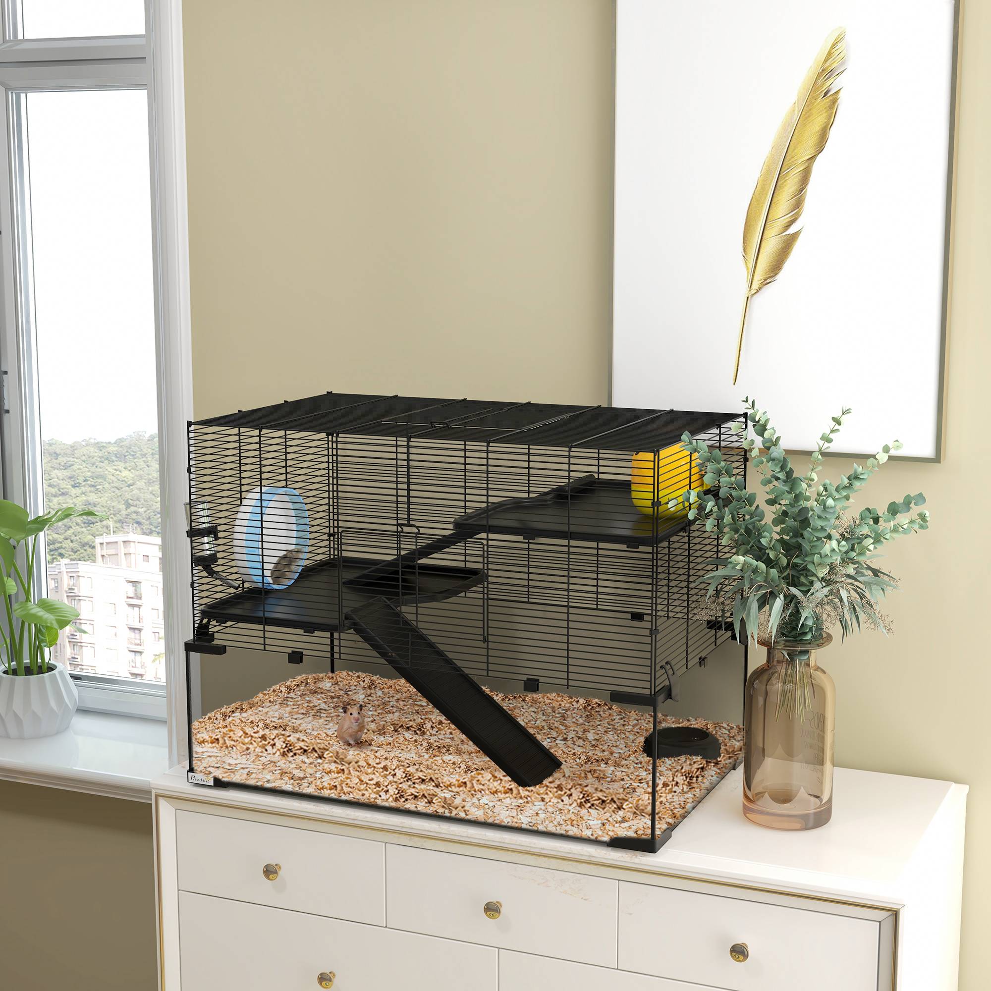 Cage hamster fil acier rongeurs 3 niveaux roue exercice 76x54cm noir - ComfortXL Outdoor Living - Image 4