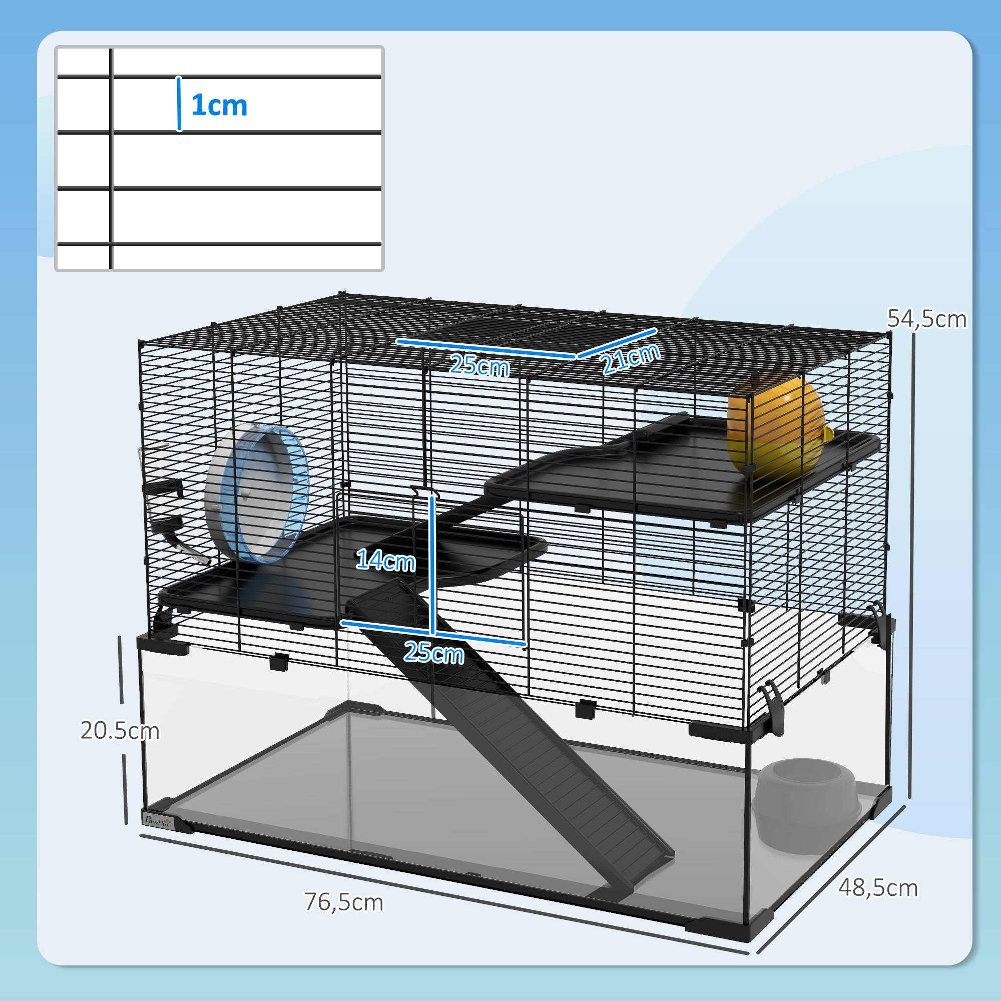 Cage hamster fil acier rongeurs 3 niveaux roue exercice 76x54cm noir - ComfortXL Outdoor Living - Image 5