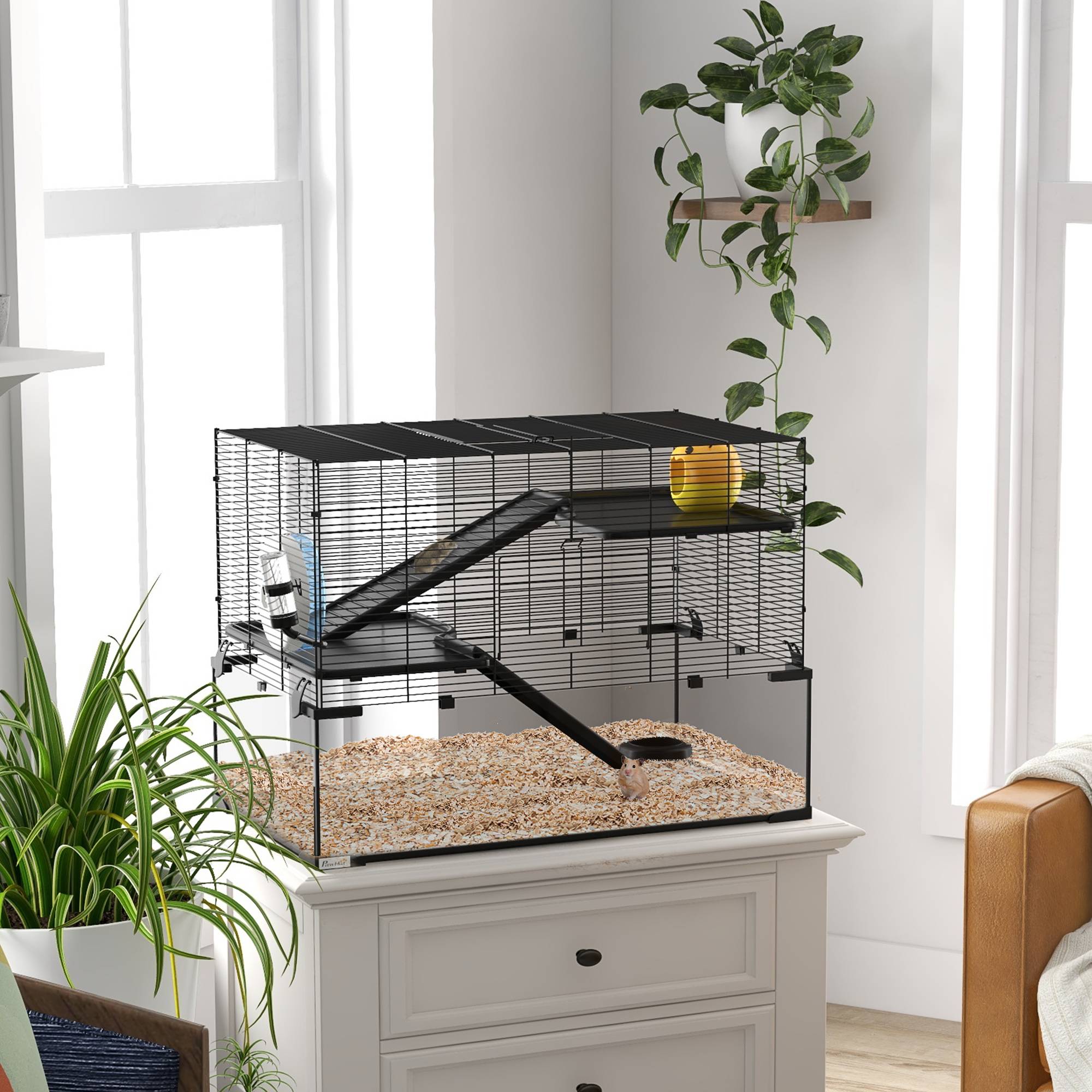 Cage hamster fil acier rongeurs 3 niveaux roue exercice 76x54cm noir - ComfortXL Outdoor Living - Image 3