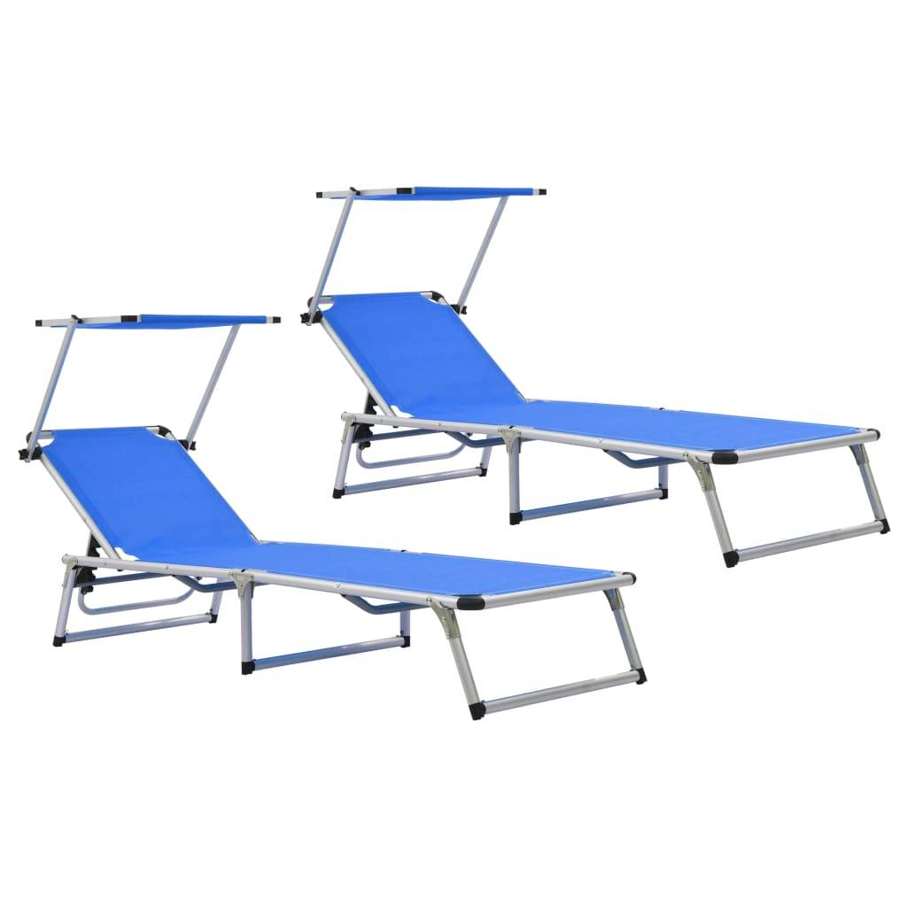 Helloshop26 - Lot de deux chaises longues pliables et toit aluminium textilène bleu - Imagen 1