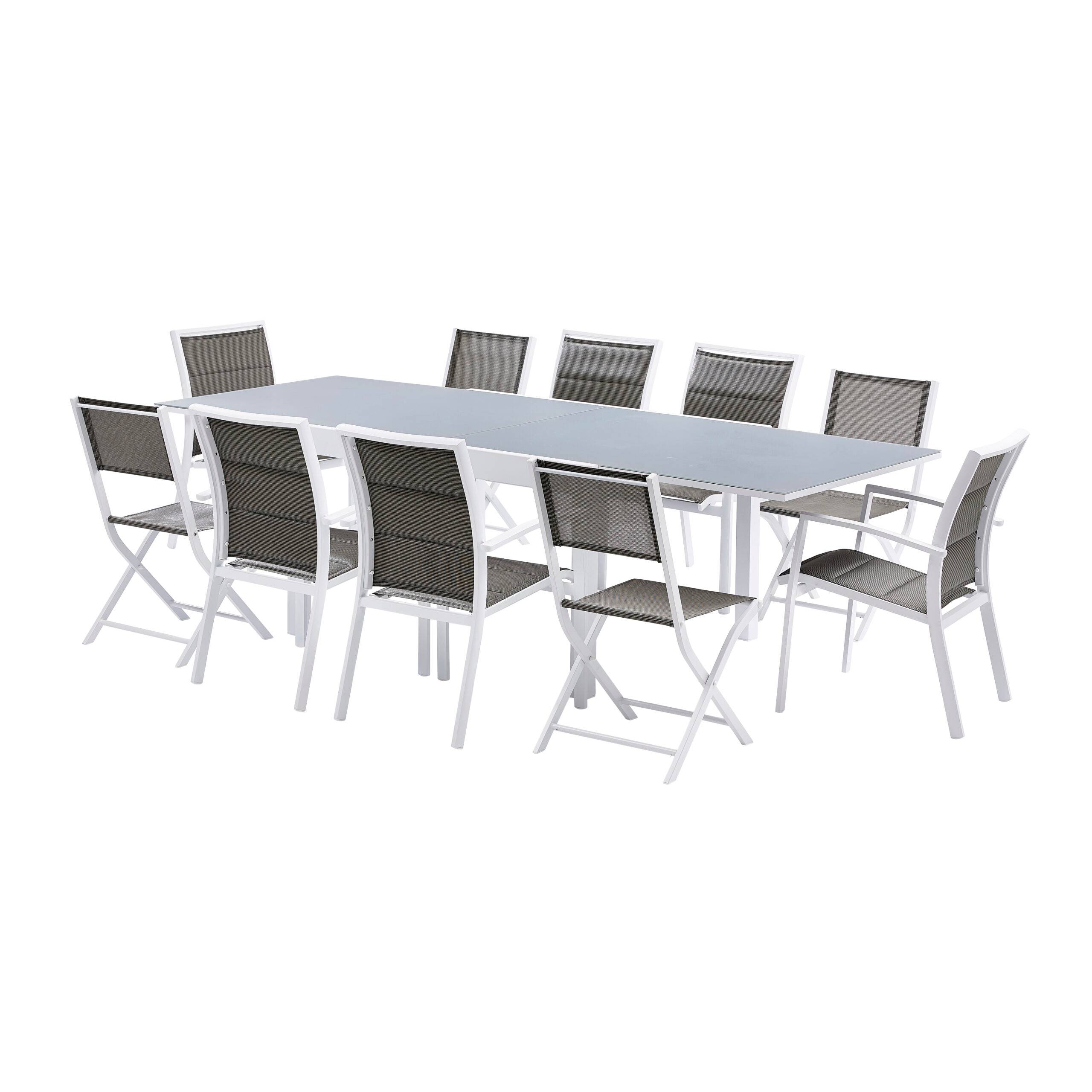 Wilsa Garden - Ensemble MODULO 6/10p en aluminium blanc et verre trempé gris perle avec 6 fauteuils et 4 chaises pliantes - Imagen 1