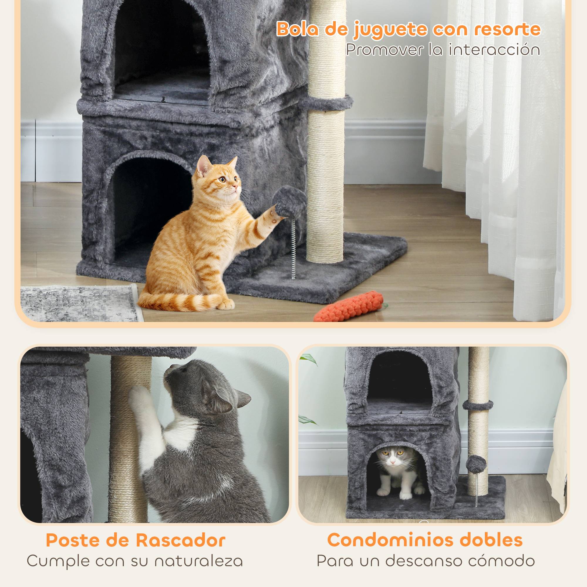 Arbre à chat à griffer, 66 cm, avec couchage, 2 niches, poteau en sisal, balle de jeu, gris foncé - Image 7