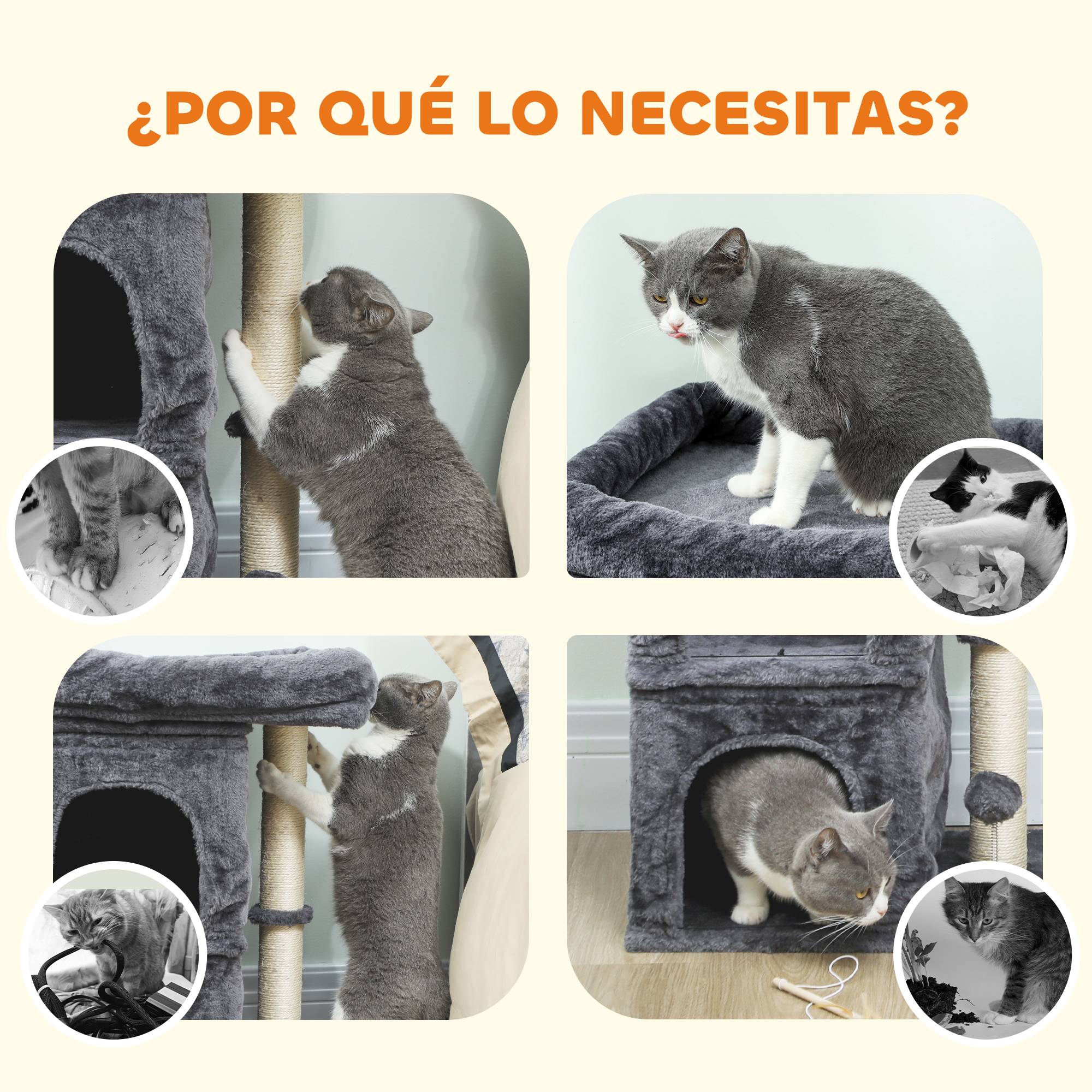 Arbre à chat à griffer, 66 cm, avec couchage, 2 niches, poteau en sisal, balle de jeu, gris foncé - Image 9