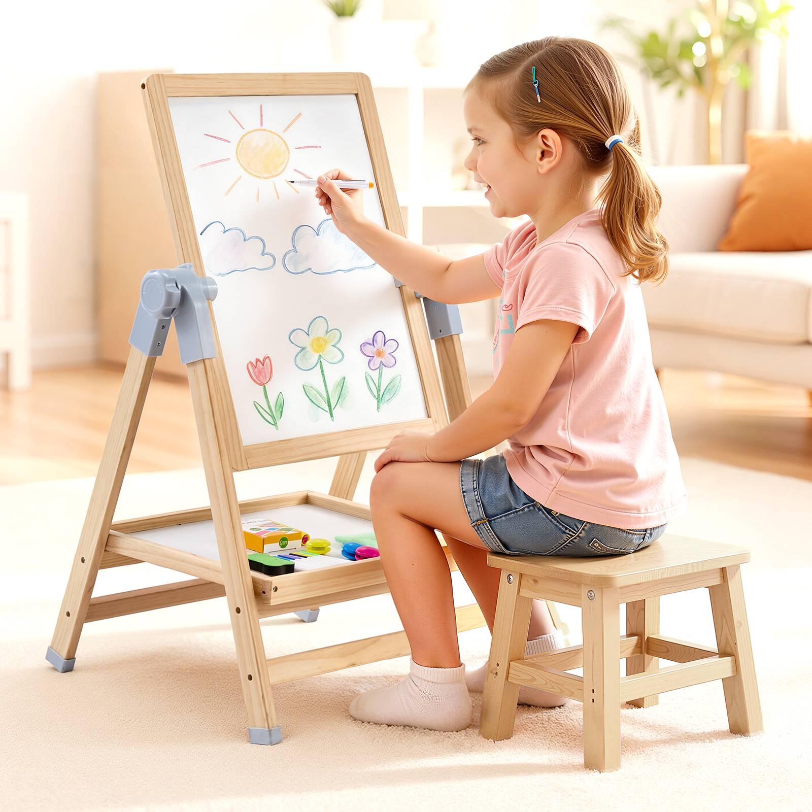 VEVOR Chevalet d'Art Enfants Tableau Magnétique Blanc Noir Double Face en Bois - Image 8