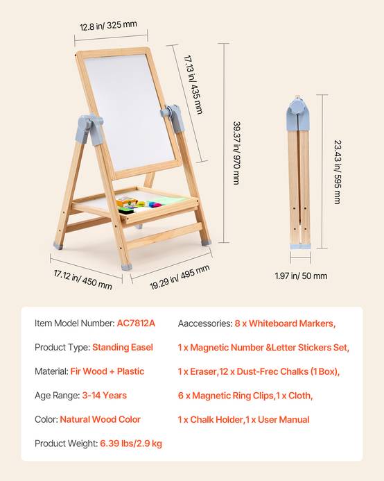 VEVOR Chevalet d'Art Enfants Tableau Magnétique Blanc Noir Double Face en Bois - Image 7
