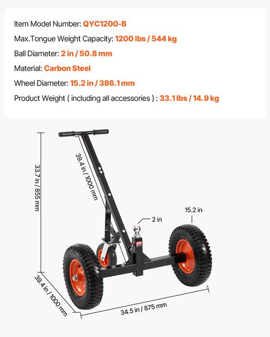 VEVOR Chariot remorque, charge 544kg. Hauteur réglable, boule 50.8mm, pneus pneumatiques. Pour camping-car. - Image 7