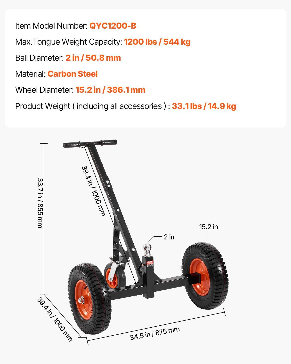 VEVOR Chariot remorque, charge 544kg. Hauteur réglable, boule 50.8mm, pneus pneumatiques. Pour camping-car. - Image 7