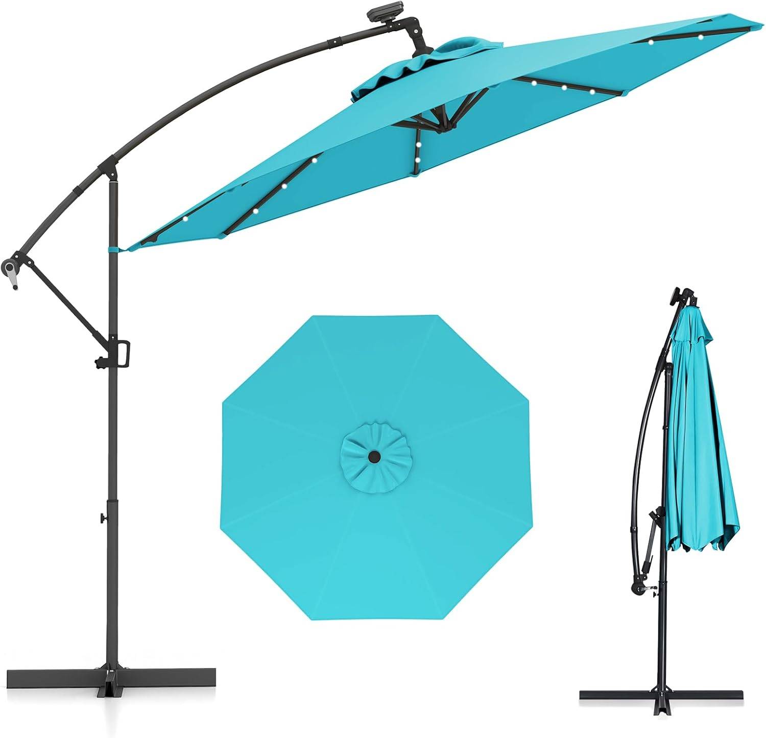 Costway - Parasol Déporté Excentré 3M, 32 LED Solaire, Inclinable et Rotation à 360°, 8 Baleines, Base Croisée, Parasol à Manivelle (Turquoise) - Image 1