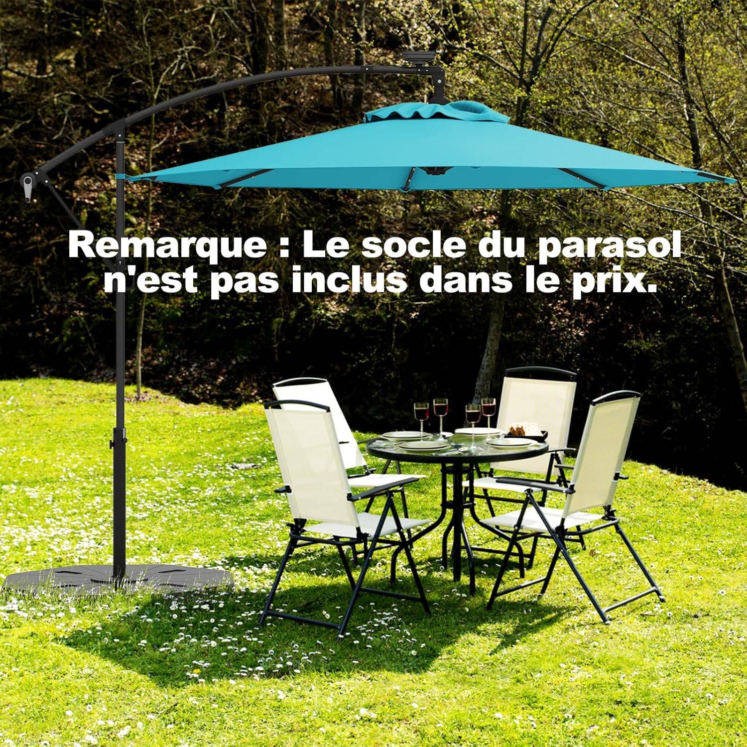 Costway - Parasol Déporté Excentré 3M, 32 LED Solaire, Inclinable et Rotation à 360°, 8 Baleines, Base Croisée, Parasol à Manivelle (Turquoise) - Image 4